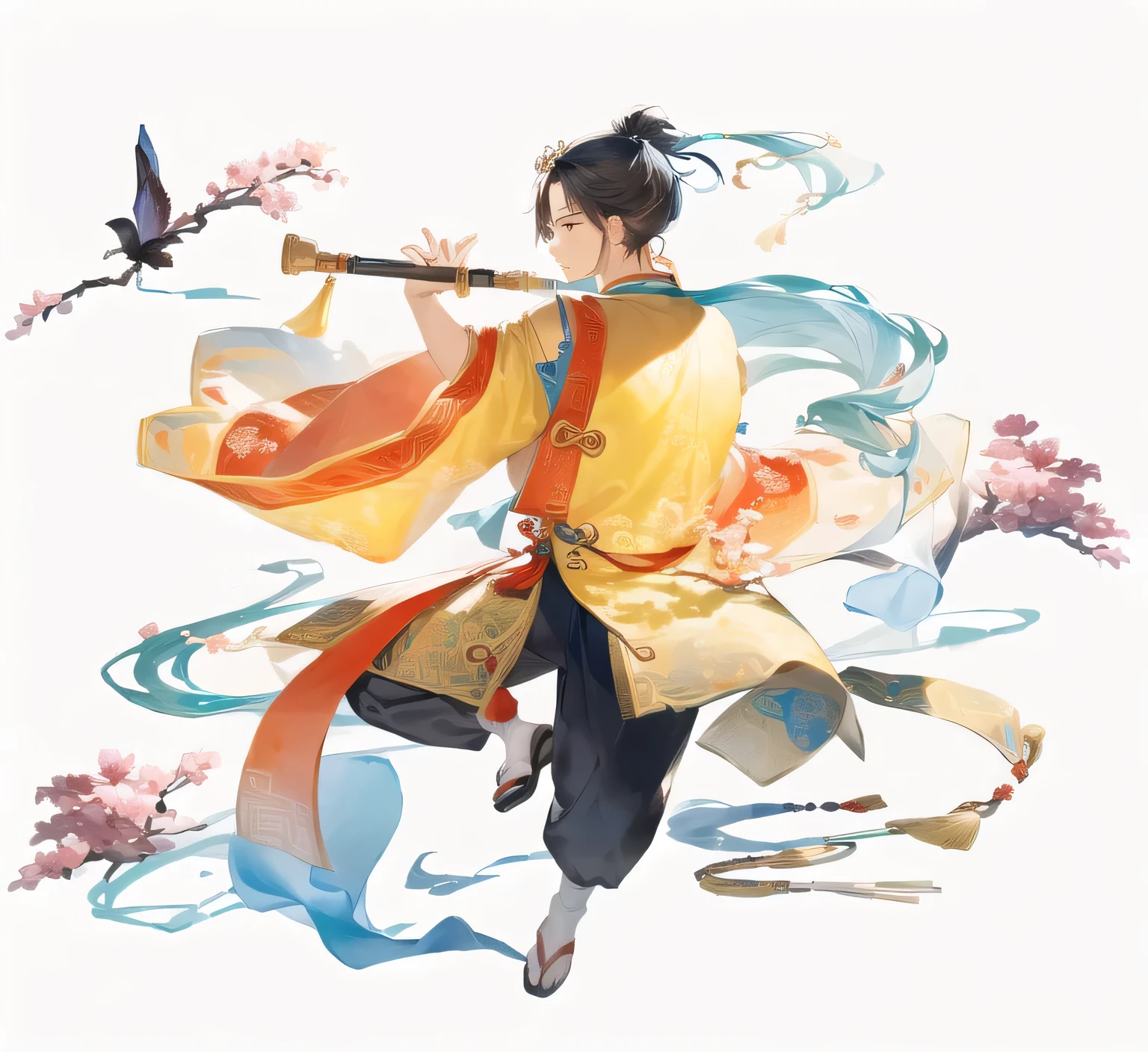 There is a man playing the flute in the sky, inspired by Guan Daosheng, inspired by Pan Tianshou, Inspired by Dong Yuan, Inspired by Gong Xian, inspired by Huang Gongwang, Chinese watercolor style, Inspired by Wu Bin, A beautiful artistic illustration, Sachten&#39;s Style, Inspired by Wang Guxiang
