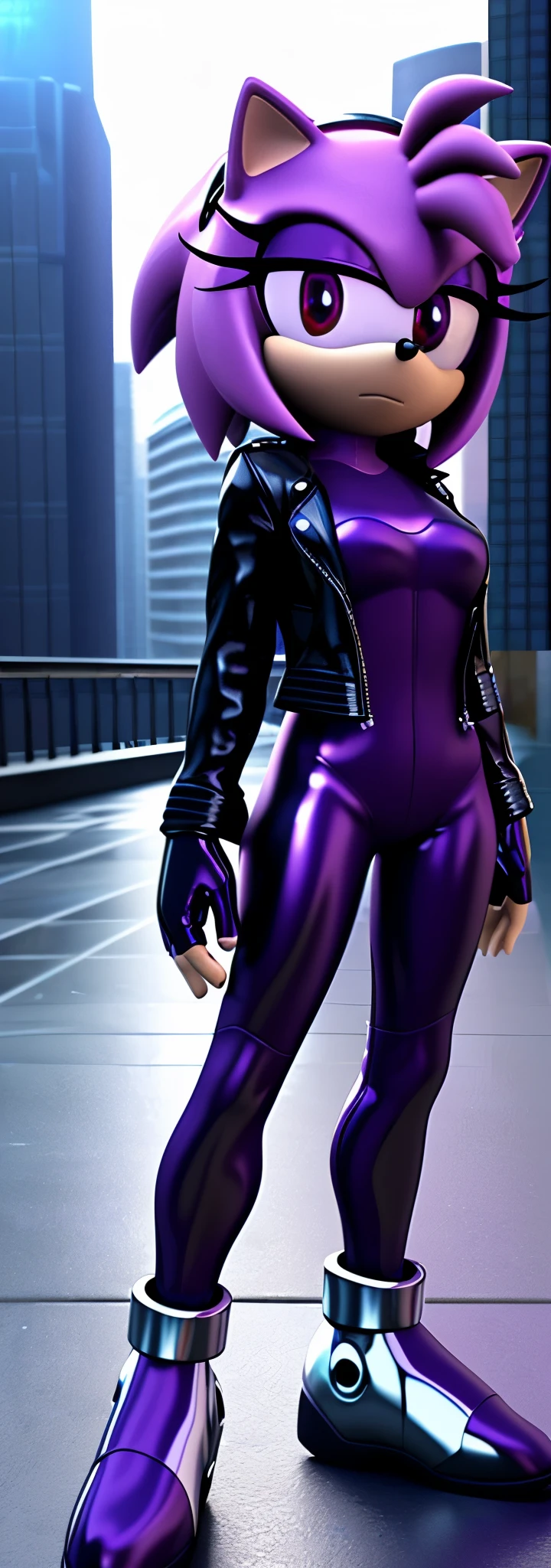 Solo, 1girl, full body image, rendered in SFM, ((sonic oc:1)), from sonic, high detail iconic character, in the new action-movie sonic, ghost in the shell city, official render, 3d render official art, toon shader, ((female)), (((purple hedgehog:1))), ((shiny)) (purple fur:1.0), (((Amy rose style quills))), (((metallic purple eyeliner))) ((deep purple eyes:1.5)), ((calm neutral expression)), ray trace 4 k, ray trace 4k, (((metallic purple latex bodysuit))), (((leather jacket))), ((fingerless gloves:0.9))