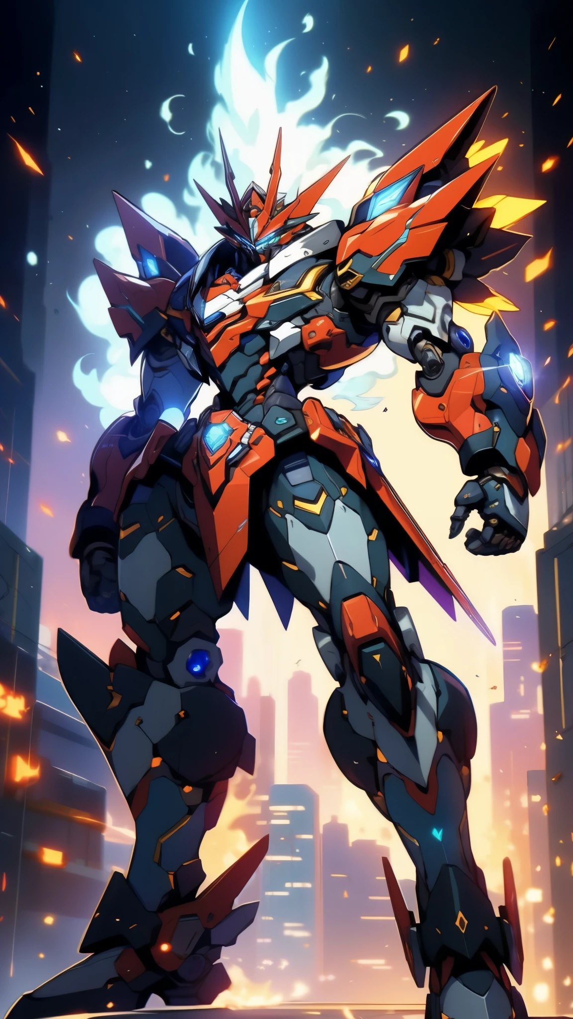 Humanoid Mecha, fully enclosed shoulder guards, matching arm and leg guards, full body, full armor, super robot, the design balances heavy with agility, (the color scheme is primarily white with red and blue accents, the concept Inspired by super robot, Lion concept chest armor, pose, standing, floating high above the futuristic sci-fi city), exquisite and mature art style, (aura effect, energy, glowing eyes, the armor glows), ((SRS)), metallic, dramatic, high definition, best quality, highres, ultra-detailed, ultra-fine painting, extremely delicate, professional, perfect body proportions, anatomically correct, symmetrical face, extremely detailed eyes and face, high quality eyes, creativity, RAW photo, UHD, 32k, Natural light, cinematic lighting, masterpiece-anatomy-perfect, masterpiece:1.5