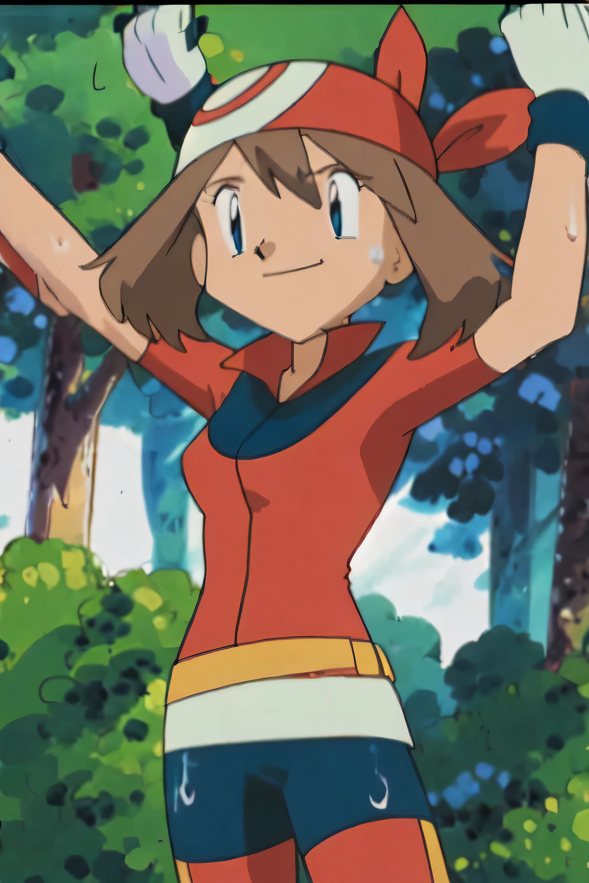 May, sleeveless,red top,sweating,smiling,forest in background, village, blue sky, high quality, masterpiece mature appearance,armpits,sweat,sweaty,sweaty armpits,arms up,showing armpits,awesome armpits,outfit,blackish red arm warmers,maroon arm bands, maroon arm warmers,both arms raised