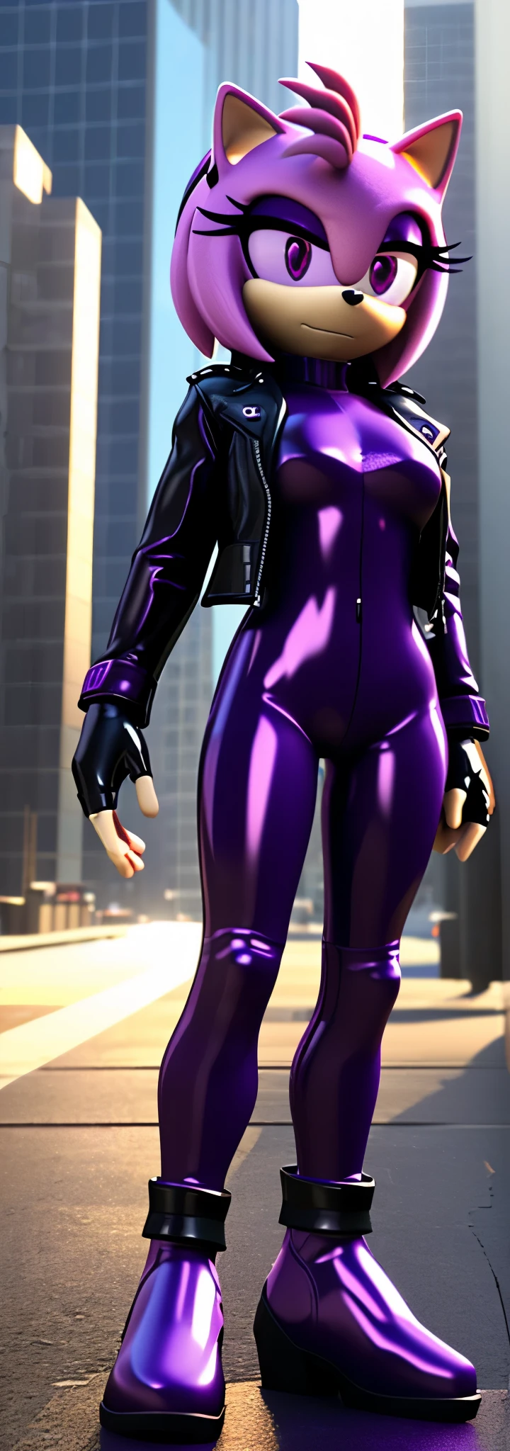 Solo, 1girl, full body image, rendered in SFM, ((sonic oc:1)), from sonic, high detail iconic character, in the new action-movie sonic, ghost in the shell city, official render, 3d render official art, toon shader, ((female)), (((purple hedgehog:1))), ((shiny)) (purple fur:1.0), (((Amy rose style quills))), (((metallic purple eyeliner))) ((deep purple eyes:1.5)), ((calm neutral expression)), ray trace 4 k, ray trace 4k, (((metallic purple latex bodysuit))), (((leather jacket))), ((fingerless gloves:0.9))