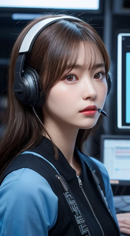 ​masterpiece, 1 beautiful girl, Detailed eye, Swollen eyes, top-quality, 超A high resolution, (reality: 1.4), Movie Lighting, japanes, a asian beauty, very extremely beautiful, lovely、Beautiful skins, A slender, Forward-facing body, (A hyper-realistic), (hight resolution), (8K), (ighly detailed), ( Best Illustration), (beautifully detailed eyes), (ultra-detailliert), Detailed face, Bright lighting, Professional Lighting、The background is a cyberpunk room with many monitors..............、The cord is connected from the costume、Long Hair Color Pink、headset on head、small tattoo on face、nffsw、gazing at viewer