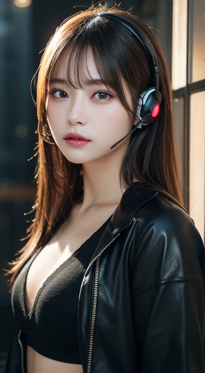 masterpiece, 1 beautiful girl, Detailed eye, Swollen eyes, top-quality, 超A high resolution, (reality: 1.4), Movie Lighting, japanes, a asian beauty, very extremely beautiful, lovely、Beautiful skins, A slender, Forward-facing body, (A hyper-realistic), (hight resolution), (8K), (ighly detailed), ( Best Illustration), (beautifully detailed eyes), (ultra-detailliert), Detailed face, Bright lighting, Professional Lighting、The background is a cyberpunk room with many monitors..............、The cord is connected from the costume、Long Hair Color Pink、headset on head、small tattoo on face、nffsw、gazing at viewer