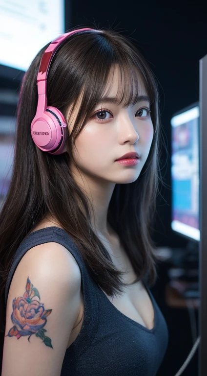 ​masterpiece, 1 beautiful girl, Detailed eye, Swollen eyes, top-quality, 超A high resolution, (reality: 1.4), Movie Lighting, japanes, a asian beauty, very extremely beautiful, lovely、Beautiful skins, A slender, Forward-facing body, (A hyper-realistic), (hight resolution), (8K), (ighly detailed), ( Best Illustration), (beautifully detailed eyes), (ultra-detailliert), Detailed face, Bright lighting, Professional Lighting、The background is a cyberpunk room with many monitors..............、The cord is connected from the costume、Long Hair Color Pink、headset on head、small tattoo on face、nffsw、gazing at viewer