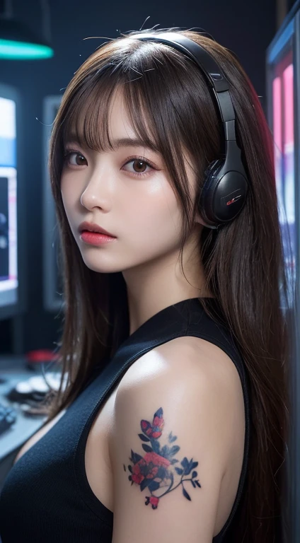 masterpiece, 1 beautiful girl, Detailed eye, Swollen eyes, top-quality, 超A high resolution, (reality: 1.4), Movie Lighting, japanes, a asian beauty, very extremely beautiful, lovely、Beautiful skins, A slender, Forward-facing body, (A hyper-realistic), (hight resolution), (8K), (ighly detailed), ( Best Illustration), (beautifully detailed eyes), (ultra-detailliert), Detailed face, Bright lighting, Professional Lighting、The background is a cyberpunk room with many monitors..............、The cord is connected from the costume、Long Hair Color Pink、headset on head、small tattoo on face、nffsw、gazing at viewer