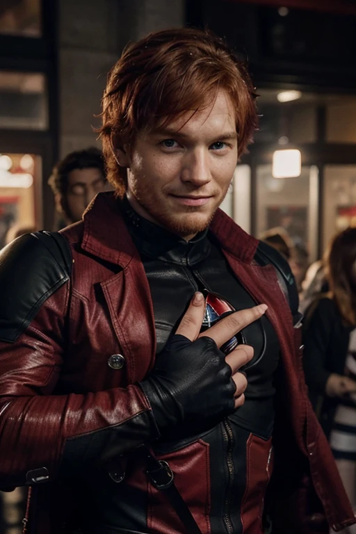 Crie um poster do Ed sheeran, com um olhar sombrio de vilão evil smiling handsome strong man superhero with a red crystal on his chest, red-haired strong superhero with scarlet diamond powers wearing a black shirt and a scarlet red overcoat with large pointy red crystals coming out of his back segurando uma lâmina grande de rubi nas mãos em parceria com o deadpool