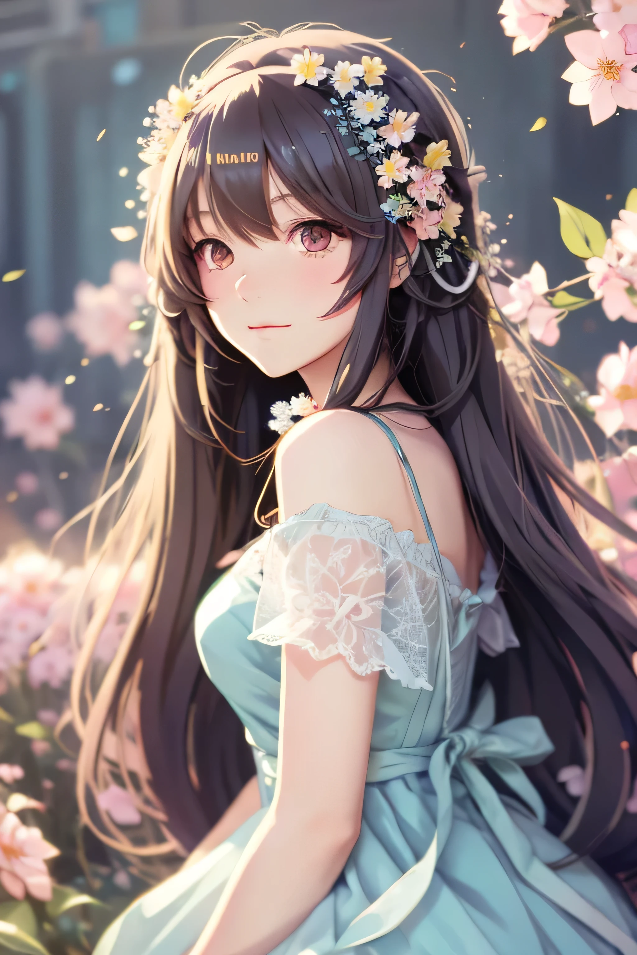 anime - style girl with long hair and flowers in her hair, cute anime waifu in a nice dress, beautiful anime girl, cute detailed digital art, beautiful anime portrait, guweiz on pixiv artstation, artwork in the style of guweiz, guweiz on artstation pixiv, detailed digital anime art, anime style 4 k