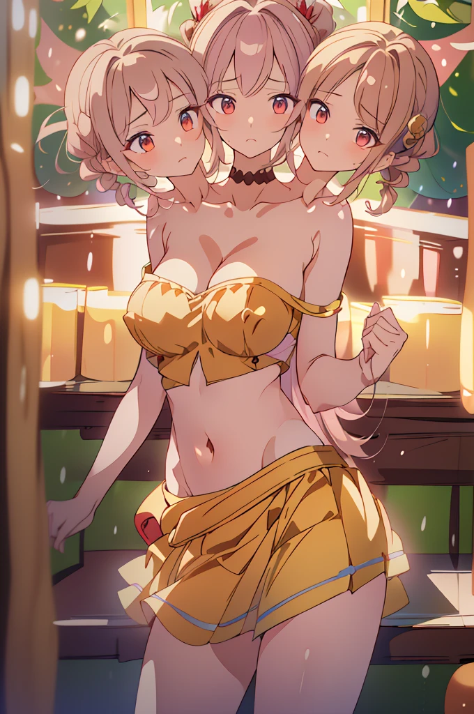 (masterpiece, best quality), best quality, (ultra-detailed), (3heads:1.5), 1girl, (joon yorigami:1.3), masterpiece, best quality, (high quality), (high resolution), (best quality:1.5, highres, UHD), highres, absurdo, ultra detail, ultra quality, ultra resolution, light pink and purple top, crop top, ((stomach)), midriff, ((groin)), light pink skirt, normal ears, shackles, light-brown hair, very long hair, wavy hair, sidelocks, orange eyes, parted lips, drills, sweat, cute, toned belly, hand on own chest, eyelashes, (25 year old woman:1.3), (masterpiece:1.5), (best quality:1.5), (beautiful detailed), extremely detailed CG, extremely delicate and beautiful, depth of field, (finely detailed face), (perfect details:1.2), (mature female:1.3), wide pelvis, slender, large veiny breast, 16k resolution, highres, very high quality, very high definition, extremely detailed, masterpiece, light-brown hair, long hair, alluring presence, braid, short skirt, close up, big tits, young, midriff, nsfw, open belly