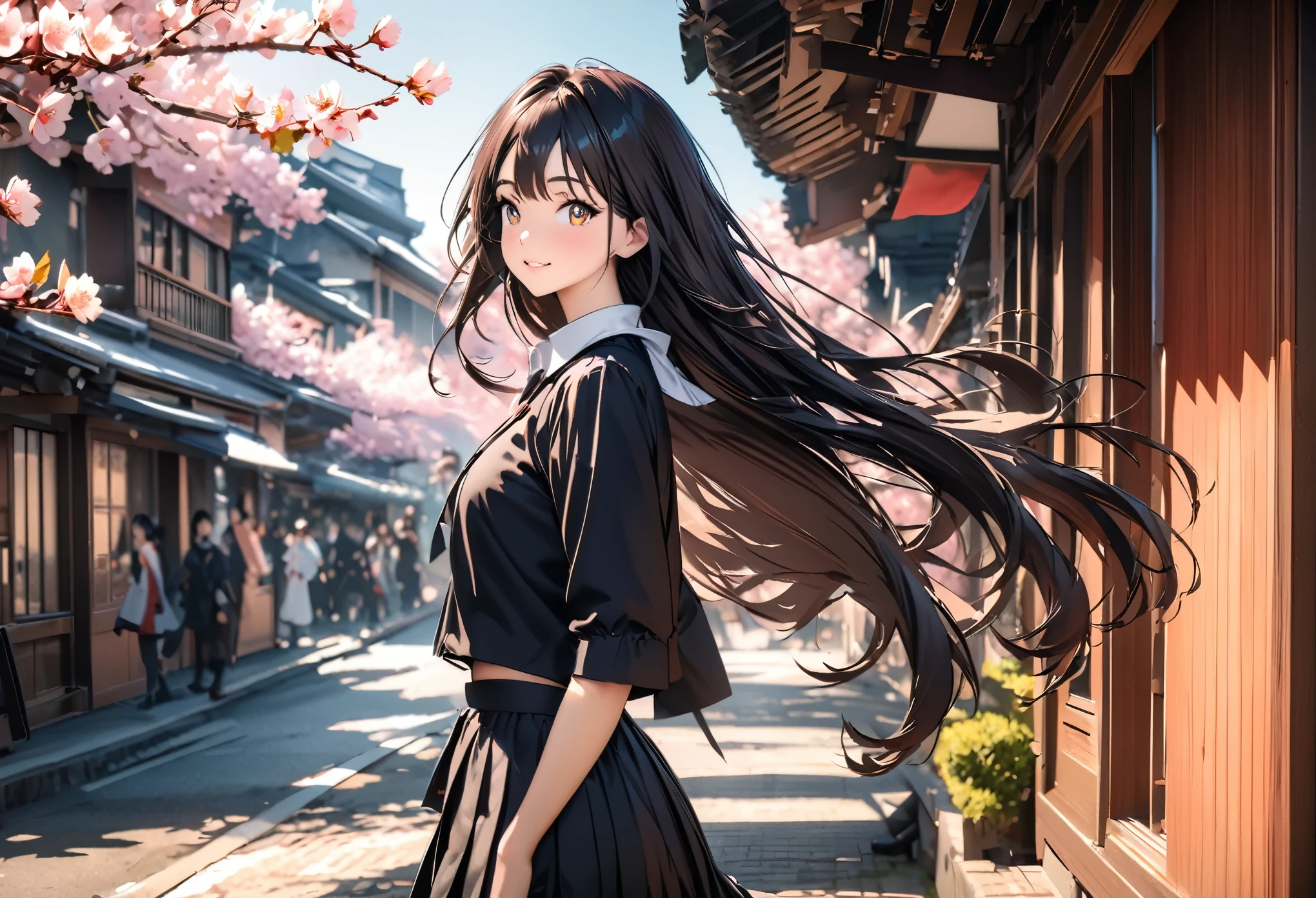 ((best quality)), ((masterpiece)), (detailed), (High contrast natural side daylight, Dynamic lighting, movie lighting), side view, look back, Anime style, Cute Japanese girl, looking at the audience, Smooth and fair skin, Exaggerated super long hair, Black straight hair wavy headl, Long hair blows with the wind, ((Super fine hair quality)),  Looks cute, long upper eyelashes, thin eyebrows, big eyes, Amber pupils, Ultra-detailed eyes, Slightly blush, Smile, Exquisite rimless glasses, Detailed face, detailed face, Small nose, Small lips, rest, 
((symmetrical clothes, Uniforms, white collar button down shirt, Black pleated student skirt, dark stockings, Dark student shoes)), Perfect clothing texture, perfect body structure, attractive body shape, Long and sexy legs, Perfect foot quality, Perfect hand quality, beautiful limbs, Beautiful fingers, rest,
 (Beautiful Wind scenery), (Micro Wind Outdoor), Quiet Japanese city broad streets, Spring morning, (Wind), (Cherry blossoms), ((Perfect composition)), highlight the subject, (Detailed background:1.5), RAW photo, CG Unity, photography, Surreal details, Be focused, (Deformed depth of field blurred background), [[color saturation]], (Japanese style photos:0.3),