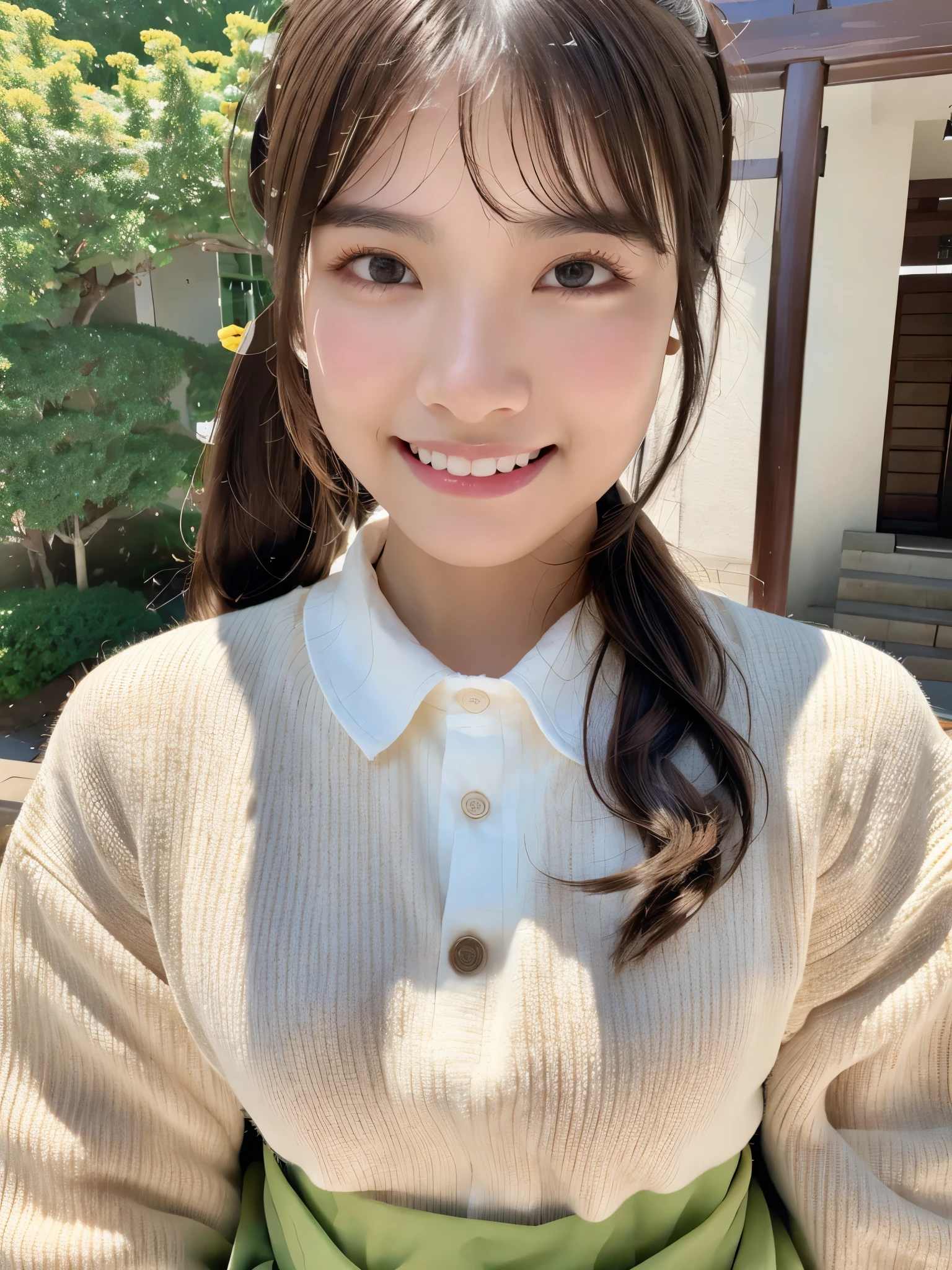 highest quality、8K、ultra high resolution、Super detailed face and eyes、Highly detailed face and skin texture、glowing skin、shiny skin、master piece:1.3、1 girl、super detail face、delicate eyes、double eyelid、full shot、short ponytail、20-year-old、brown hair、smile、embarrassed、long sleeve、skirt、full body angle、In town