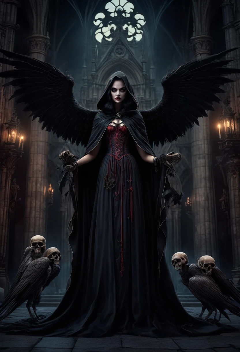 {Digital illustration of a beautiful girl with fangs and black wings, in a terrifying cloak, flying and facing forward, holding a human skull in each hand in front of an ancient, gothic building with statues of mythological creatures, like in Dracula movies, the scene is dark and eerie with classic horror and gothic themes, highly detailed, Art Station, Dribble, vivid colors, 8K resolution, ambient light, cinematic atmosphere, dark and moody lighting}
