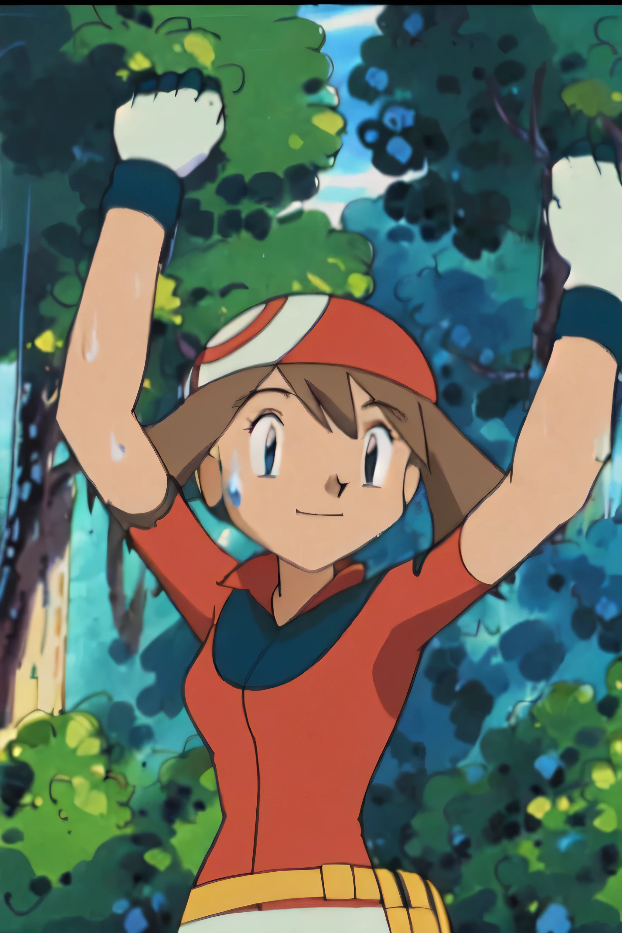 May, sleeveless,red top,sweating,smiling,forest in background, village, blue sky, high quality, masterpiece mature appearance,armpits,sweat,sweaty,sweaty armpits,arms up,showing armpits,awesome armpits,outfit,blackish red arm warmers,maroon arm bands, maroon arm warmers,both arms raised