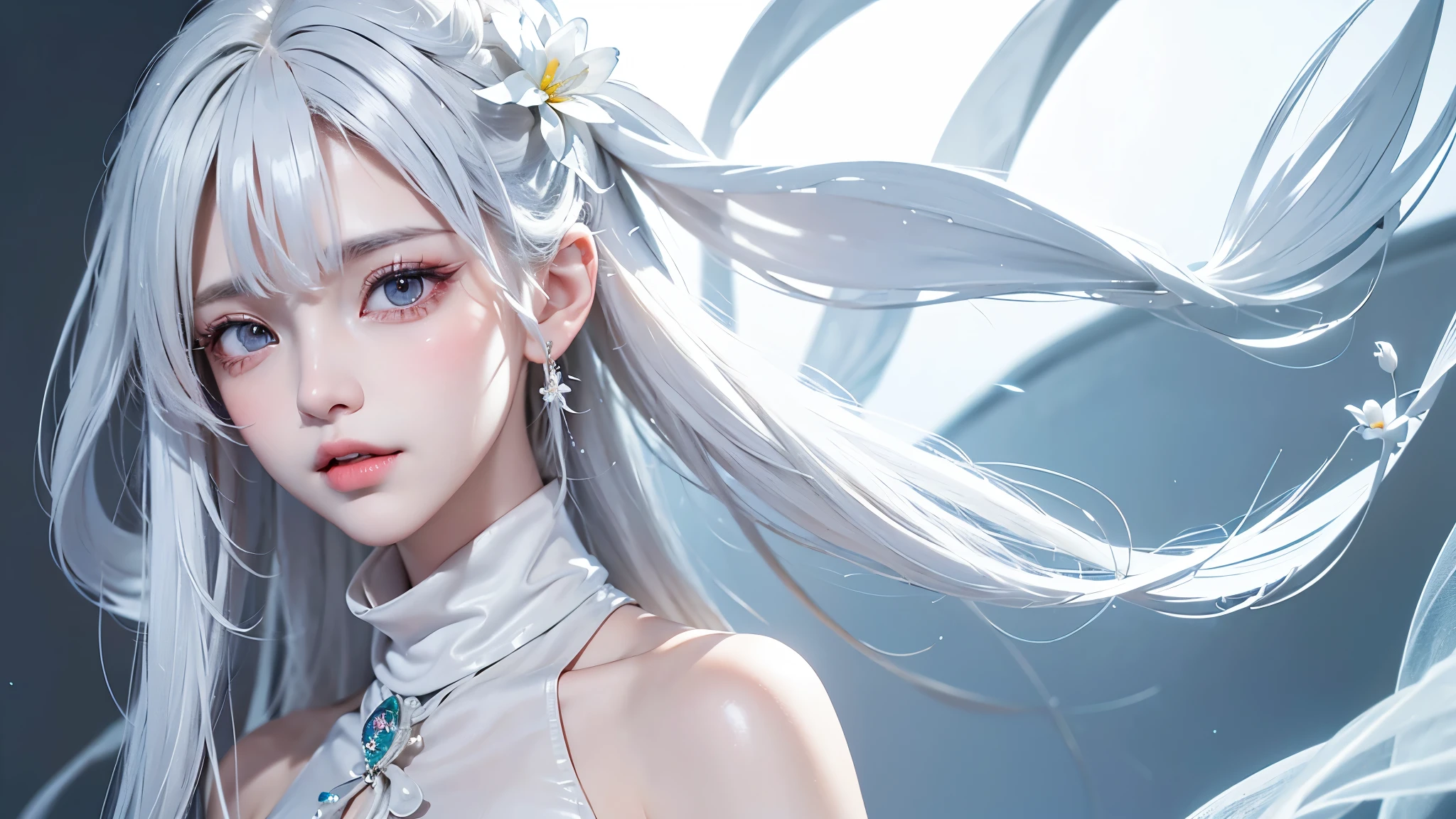 ((Bust up picture))((masterpiece:1.5、8k、Portraiture、Photorealistic and very detailed CG、Very detailed、Particle Effects、Dynamic Effects、Written boundary depth、Cinematic Light、Lens flare、Ray Tracing、Tabletop、Realistic:1.4、超A high resolution:1.2、Realistic、Realistic))((alone、,Woman in turtleneck dress:1.4、Model-like pose:、sideboob、Ample breasts、Detailed face、Bright expression、young, Brighter, Whiter skin、Best Looks、Ultimate beauty、White hair with shiny highlights:1.8、bright and shiny hair,、Super long, Silky straight hair、Hair swaying in the wind))(Fantastic transparent flower々Surrounded by、White Background、Great background、Thin petals fluttering down)