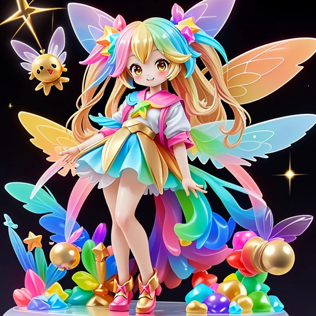 Star Fairy、(((highest quality、Masterpiece、The best composition、Golden Ratio、Official Art、Super detailed、Super detailedな目)))、It has cute, transparent, rainbow-colored wings.、jk、高校生の制服をきたStar Fairy、hologram、