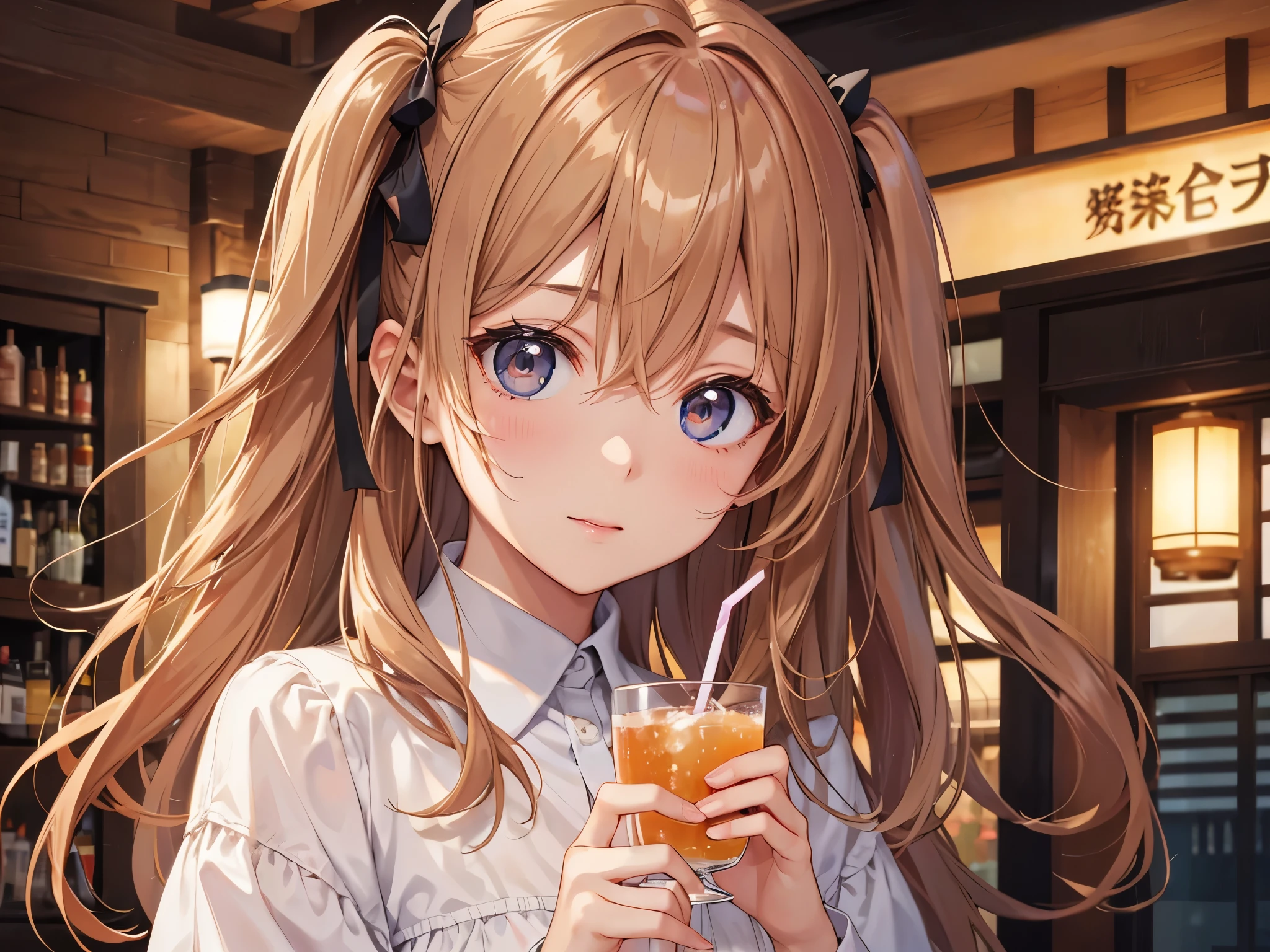 have a drink、Beautiful girl with light chestnut hair、Above the eyes、high quality、women's shirts、Solitary、Face、indoors at night、Embarrassing