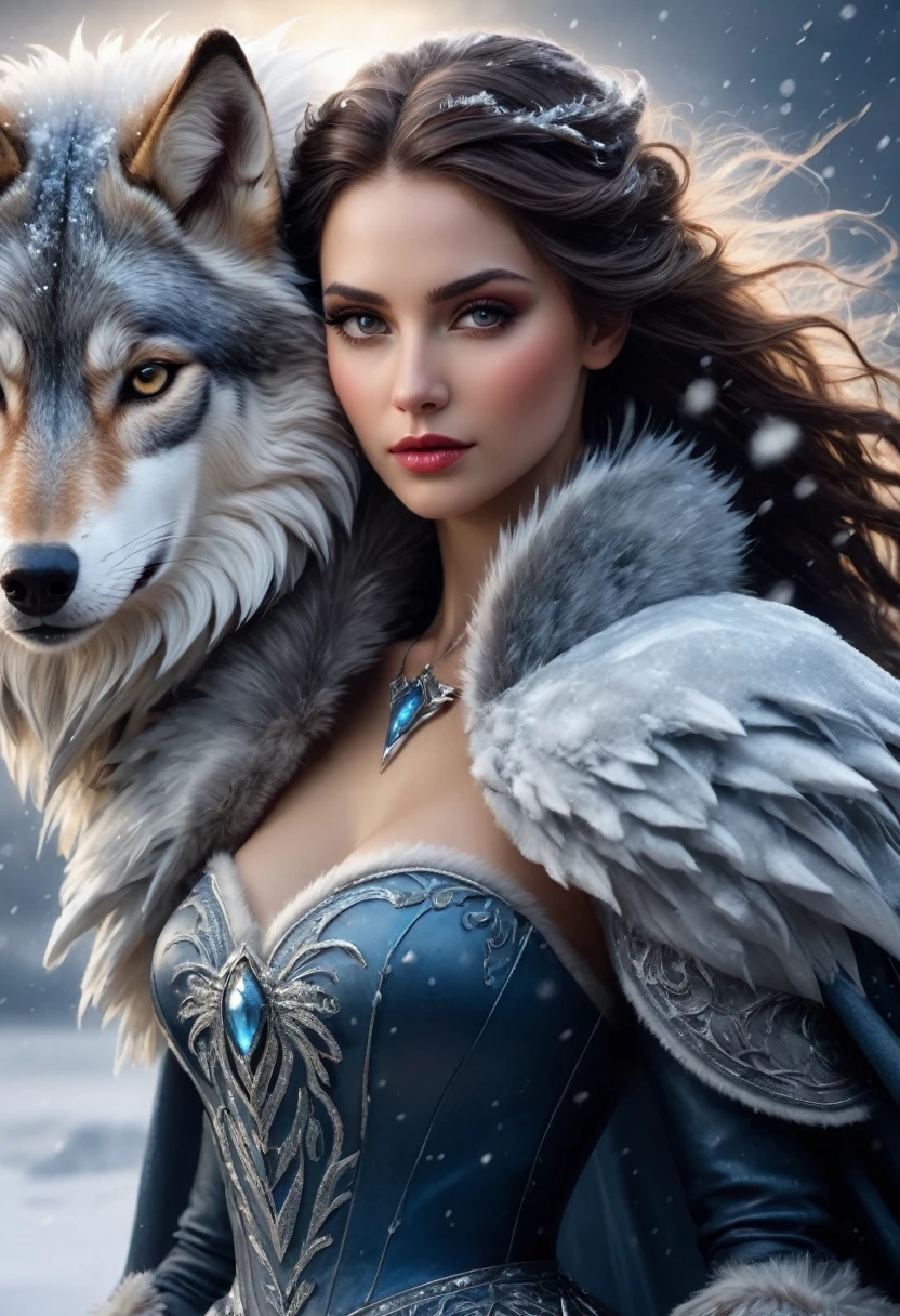 un primer plano de una mujer con un vestido y un lobo, reina del hielo y la tormenta, pelaje blanco y piel oscura, loba antropomorfa hembra, diosa del invierno, reina del invierno, fantasy art style, diosa del amor femenina de piel oscura, epic fantasy art style, Arte detallado de alta calidad 8k, Usando una intrincada armadura de piel, epic fantasy art style hd