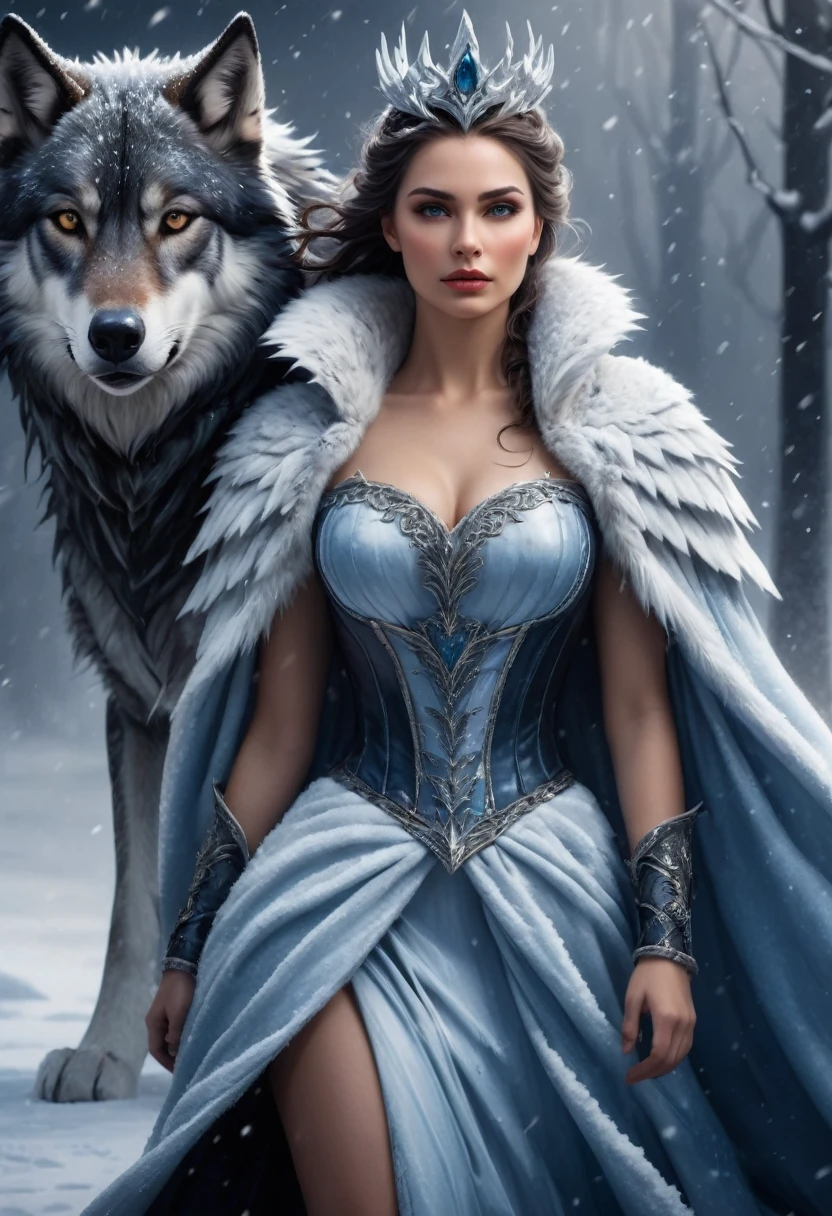 un primer plano de una mujer con un vestido y un lobo, reina del hielo y la tormenta, pelaje blanco y piel oscura, loba antropomorfa hembra, diosa del invierno, reina del invierno, fantasy art style, diosa del amor femenina de piel oscura, epic fantasy art style, Arte detallado de alta calidad 8k, Usando una intrincada armadura de piel, epic fantasy art style hd