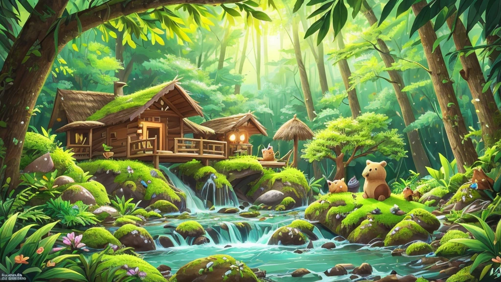 In the middle of the forest, Bear, Barbie teddy Bear, Happy, Live, friends, nature, Lush, Vibrant colors, Fun, hapiness, peaceful, serene, , Wooden house, Comfort, Warm, Sunlight, Flows through the leaves, breeze, singing birds, chirping sound, Butterflies dancing, Blue sky, fluffy clouds, Blooming flowers, tall trees, dense foliage, mossy rocks, Clear river water, soda water, peaceful, A hidden gem, venture, exploration, laughter, friendship, like, Unity, Eternal happiness, magic. (best quality, 4k, High resolution), Extremely detailed, (Practical:1.37), portrait, Bright colors, nature采光.
