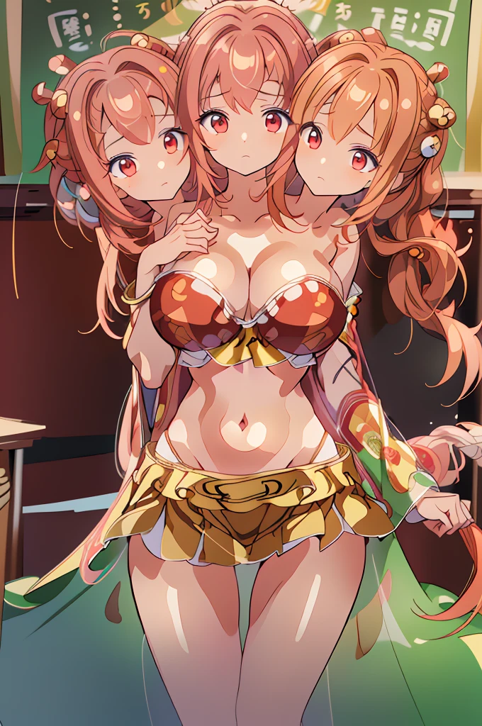 (masterpiece, best quality), best quality, (ultra-detailed), (3heads:1.5), 1girl, (kosuzu motoori:1.3), masterpiece, (best quality:1.5, highres, UHD), highres, absurdo, ultra detail, ultra quality, Ultra resolution, checkered top, crop top, ((stomach)), midriff, ((groin)), checkered skirt, normal ears, shackles, light red hair, twintails adorned with bells, very long hair, wavy hair, sidelocks, red eyes, detailed eyes, parted lips, single horn, sweat, cute, toned belly, hand on own chest, eyelashes, (24 year old woman:1.3), (masterpiece:1.5), (best quality:1.5), (beautiful detailed), extremely detailed CG, extremely delicate and beautiful, depth of field, (finely detailed face), (perfect details:1.2), (mature female:1.3), wide pelvis, slender, large veiny breast, 16k resolution, very high quality, very high definition, extremely detailed, masterpiece, light red hair, long hair, alluring presence, braid, short skirt, close up, big tits, young, glasses,