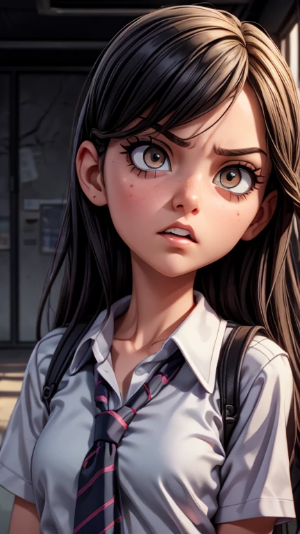 a mean girl, behind the school, glaring sideways, detailed eyes, detailed face, beautiful detailed lips, long eyelashes, school uniform, angry expression, dramatic lighting, cinematic atmosphere, vibrant colors, photorealistic, 8k, high quality, concept art