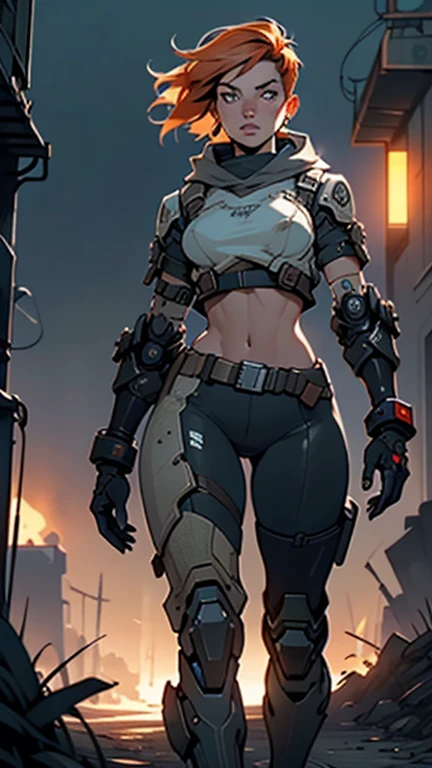 A highly detailed and realistic skull girl,( Anya. Taylor Joy) cyberpunk character, mad max furiosa, one hand robot, cyborg arm, orange hair, dramatic metal heavy rock theme, best quality, 8k, hyperrealistic, photorealistic, extreme detailed painting, studio lighting, vivid colors, dark moody atmosphere, cinematic, dramatic pose, intricate mechanical details, glowing energy effects, intense gritty textures, seamless integration of organic and inorganic elements. Wearing the used clothes of a wastelander. Background: An apocalyptic wasteland. Dusty and depressing., sexy pose, walking