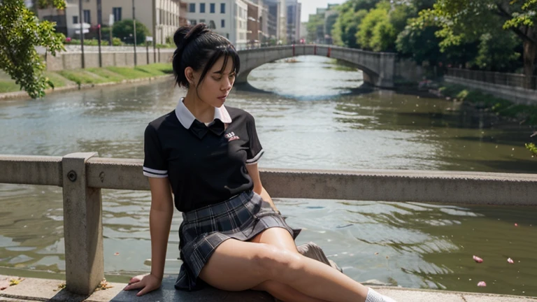 Highly detailed, highly detailed, best quality, masterpiece, illustration, realistic,
miyamizu mitsuha, 1 girl, alone,
black hair, ponytail, short hair,
, hairband, bow tie, short sleeves, collared shirt, long pleated skirt, socks, loafers,
sitting, looking at the viewer,
Outdoor, water, river, sky, bridge, city, cityscape, wind, parted lips, falling petals,
