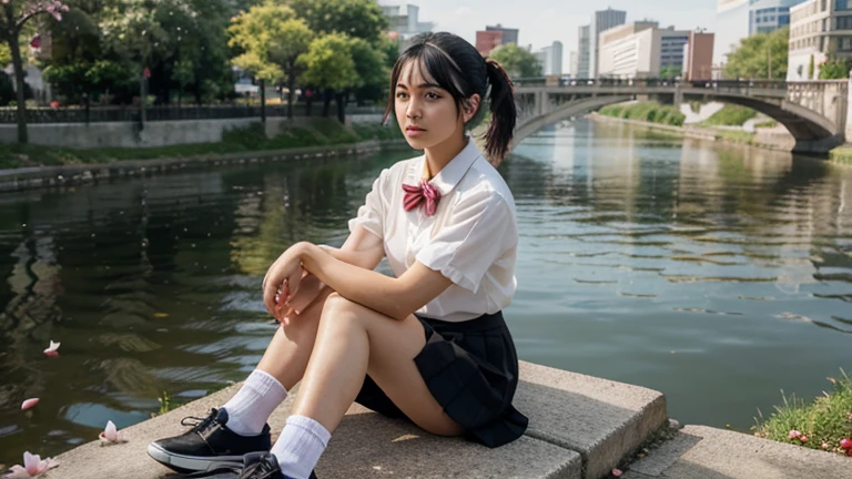 Highly detailed, highly detailed, best quality, masterpiece, illustration, realistic,
miyamizu mitsuha, 1 girl, alone,
black hair, ponytail, short hair,
, hairband, bow tie, short sleeves, collared shirt, long pleated skirt, socks, loafers,
sitting, looking at the viewer,
Outdoor, water, river, sky, bridge, city, cityscape, wind, parted lips, falling petals,