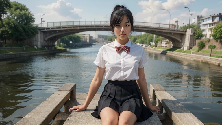 Highly detailed, highly detailed, best quality, masterpiece, illustration, realistic,
miyamizu mitsuha, 1 girl, alone,
black hair, ponytail, short hair,
, hairband, bow tie, short sleeves, collared shirt, long pleated skirt, socks, loafers,
sitting, looking at the viewer,
Outdoor, water, river, sky, bridge, city, cityscape, wind, parted lips, falling petals,