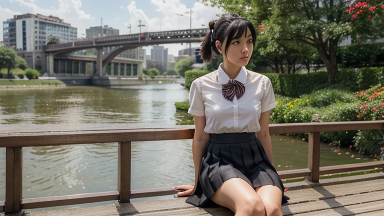 Highly detailed, highly detailed, best quality, masterpiece, illustration, realistic,
miyamizu mitsuha, 1 girl, alone,
black hair, ponytail, short hair,
, hairband, bow tie, short sleeves, collared shirt, long pleated skirt, socks, loafers,
sitting, looking at the viewer,
Outdoor, water, river, sky, bridge, city, cityscape, wind, parted lips, falling petals,