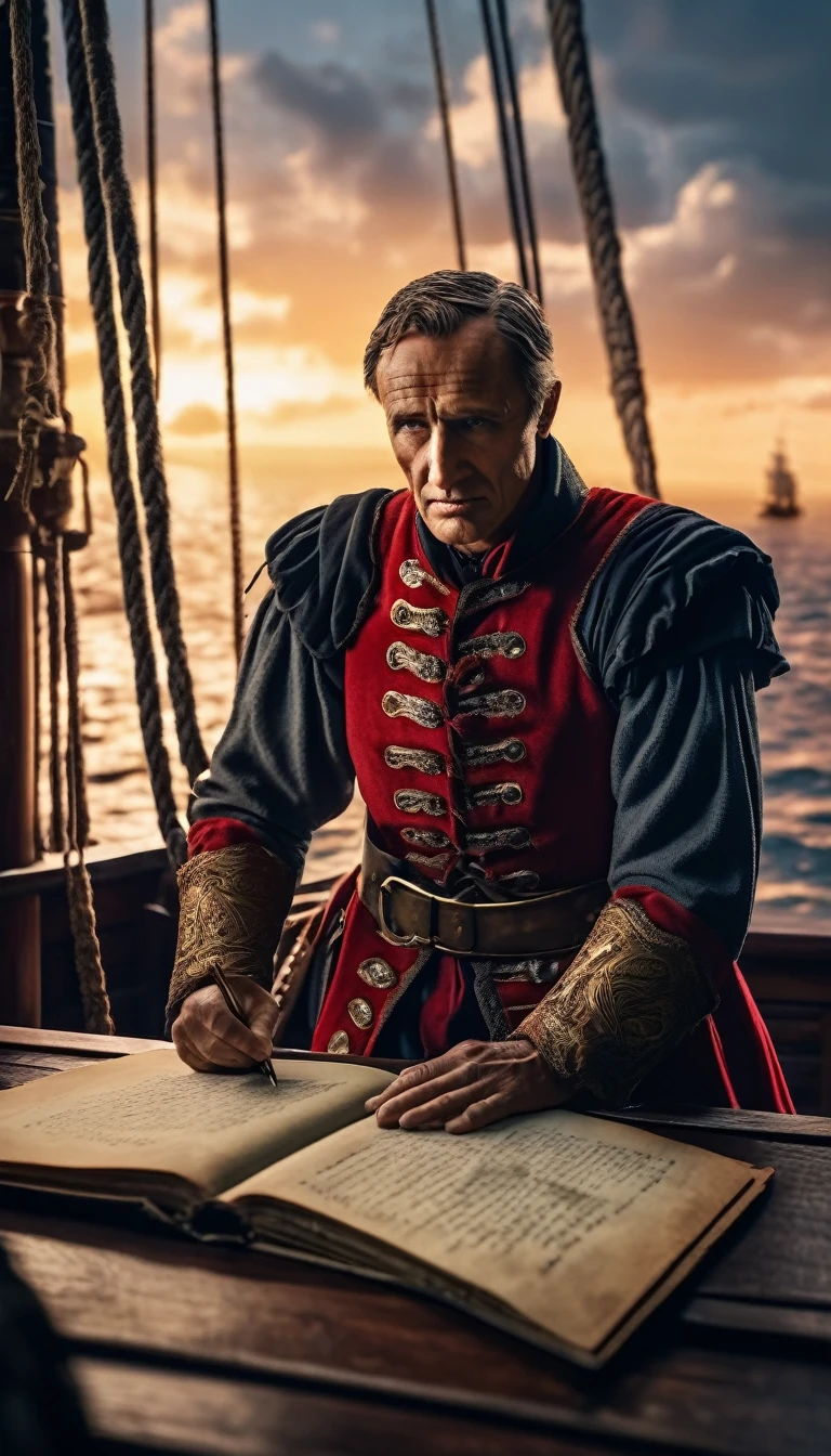 Cinematic style, Julius Caesar writing poetry on a pirate ship, background dark, hyper realistic, ultra detailed hyper realistic, photorealistic, Studio Lighting, reflections, dynamic pose, Cinematic, Color Grading, Photography, Shot on 50mm lens, Ultra-Wide Angle, Depth of Field, hyper-detailed, beautifully color, 8k