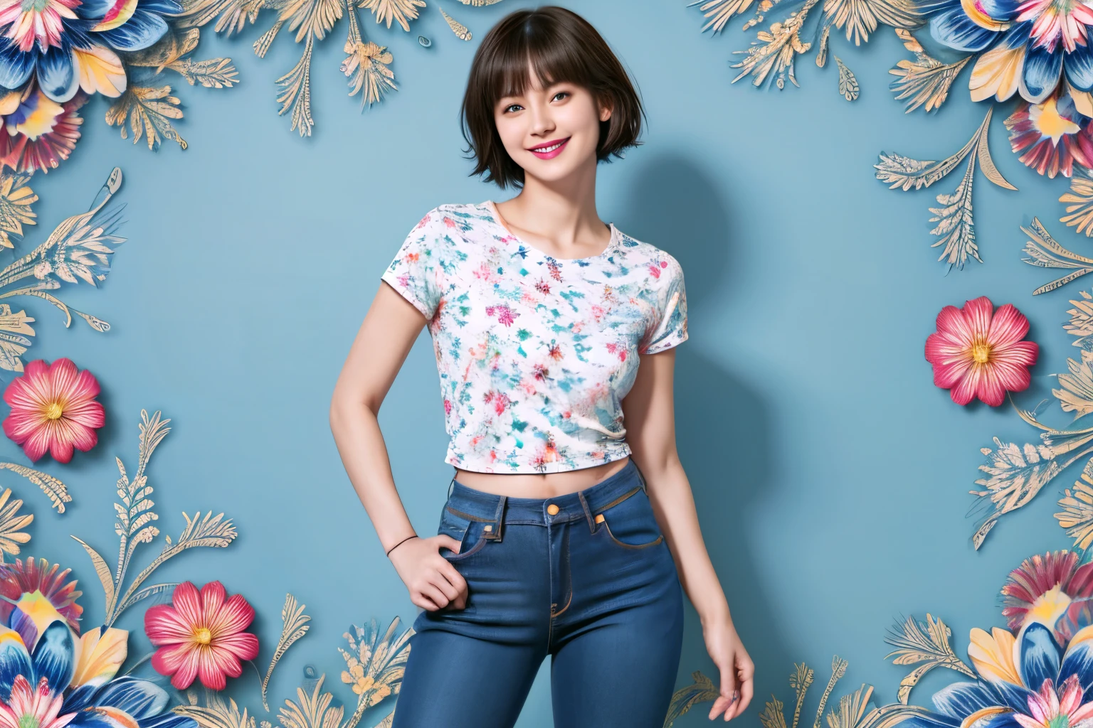 238 18-year-old female, short hair, (Jeans andＴ-shirt), A kind smile, lipstick, Abdominal muscles, (Floral Background、Fractal Patterns)