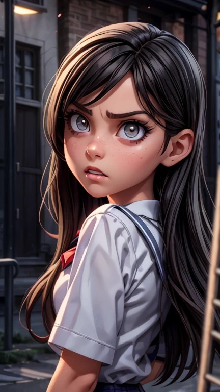 a mean girl, behind the school, glaring sideways, detailed eyes, detailed face, beautiful detailed lips, long eyelashes, school uniform, angry expression, dramatic lighting, cinematic atmosphere, vibrant colors, photorealistic, 8k, high quality, concept art