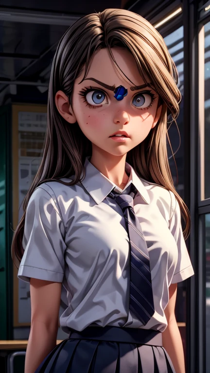 a mean girl, behind the school, glaring sideways, detailed eyes, detailed face, beautiful detailed lips, long eyelashes, school uniform, angry expression, dramatic lighting, cinematic atmosphere, vibrant colors, photorealistic, 8k, high quality, concept art