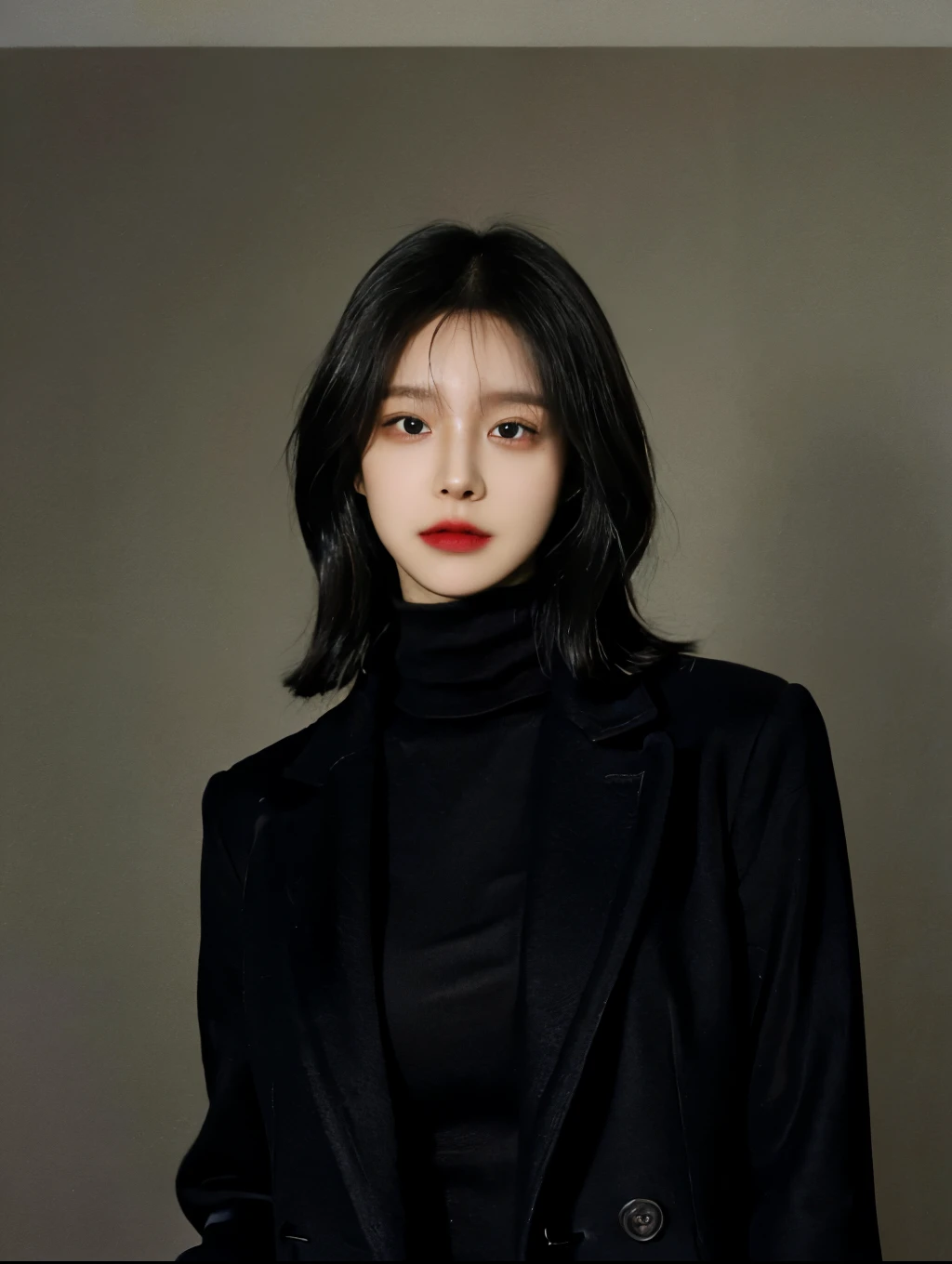 The best quality at its best,masterpiece,Ultra-high resolution,(Reality:1.4),RAW Photos,movie-like texture,1 cool girl,Tall and tall，Wearing a turtleneck，Black long coat，Standing on a plain background，Looking into the camera，fashion photoshoot, Fashion Model, Black bob hair, Gorgeous eyes