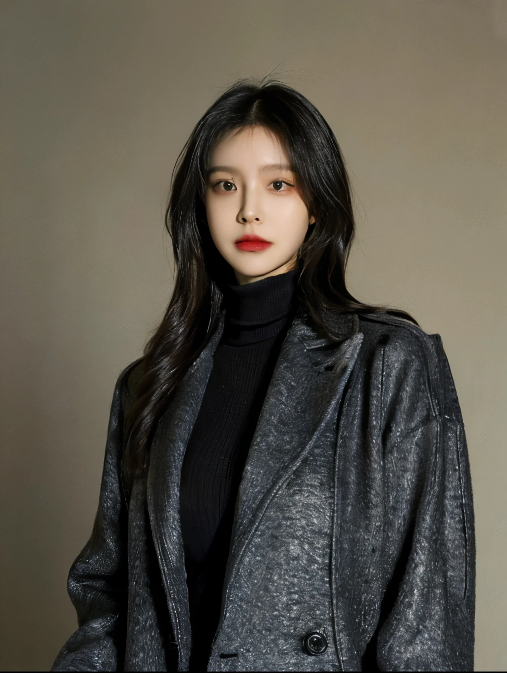 The best quality at its best,masterpiece,Ultra-high resolution,(Reality:1.4),RAW Photos,movie-like texture,1 cool girl,Tall and tall,Wearing a turtleneck,Black long coat,Standing on a plain background,Looking into the camera,fashion photoshoot, Fashion Model, Black bob hair, Gorgeous eyes