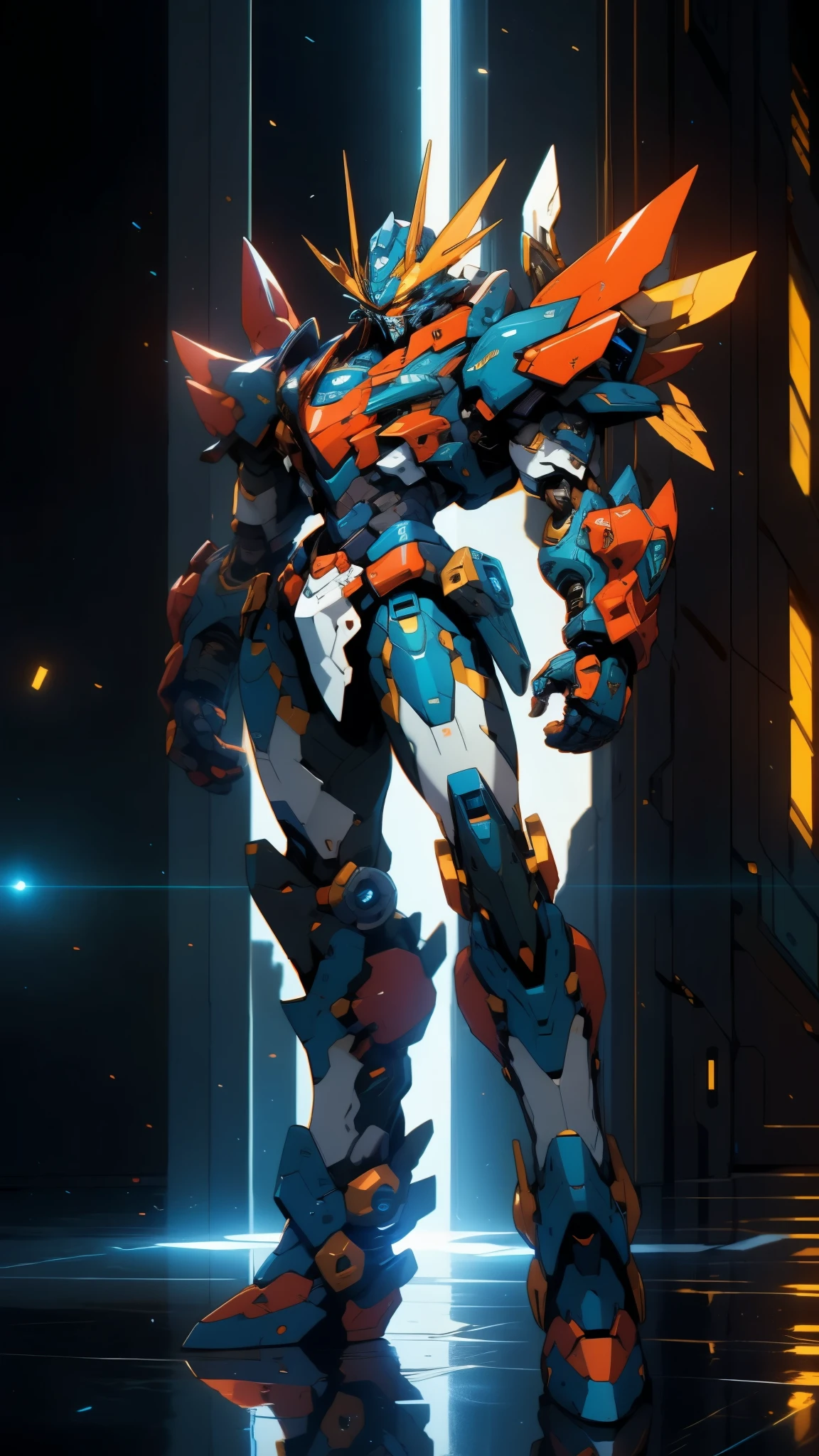 Humanoid Mecha, fully enclosed shoulder guards, matching arm and leg guards, full body, full armor, super robot, the design balances heavy with agility, (the color scheme is primarily white with red and blue accents, the concept Inspired by super robot, Lion concept chest armor, pose, standing, floating high above the futuristic sci-fi city), exquisite and mature art style, (aura effect, energy, glowing eyes, the armor glows), ((SRS)), metallic, dramatic, high definition, best quality, highres, ultra-detailed, ultra-fine painting, extremely delicate, professional, perfect body proportions, anatomically correct, symmetrical face, extremely detailed eyes and face, high quality eyes, creativity, RAW photo, UHD, 32k, Natural light, cinematic lighting, masterpiece-anatomy-perfect, masterpiece:1.5