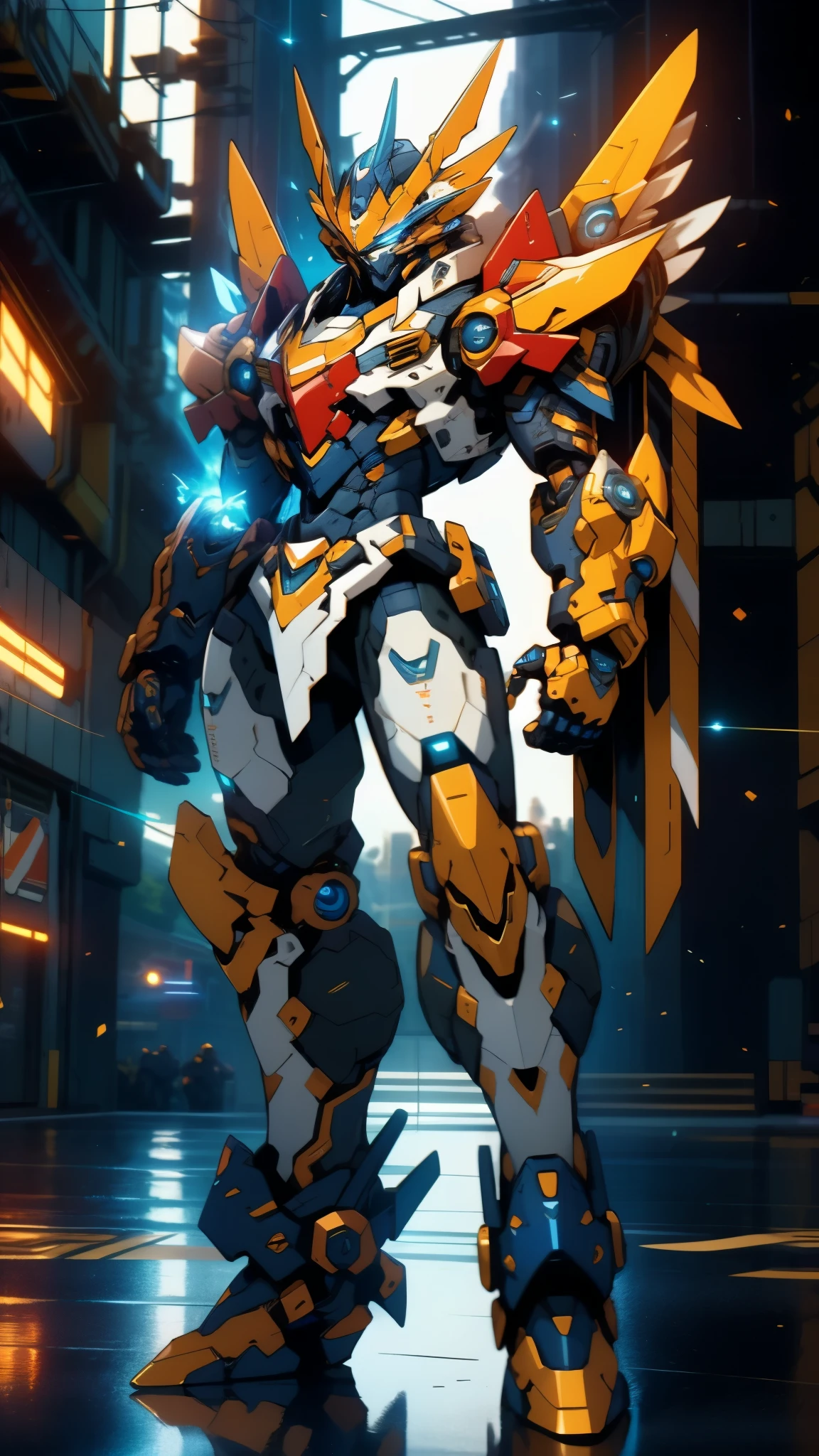 Humanoid Mecha, fully enclosed shoulder guards, matching arm and leg guards, full body, full armor, super robot, the design balances heavy with agility, (the color scheme is primarily white with red and blue accents, the concept Inspired by super robot, Lion concept chest armor, pose, standing, floating high above the futuristic sci-fi city), exquisite and mature art style, (aura effect, energy, glowing eyes, the armor glows), ((SRS)), metallic, dramatic, high definition, best quality, highres, ultra-detailed, ultra-fine painting, extremely delicate, professional, perfect body proportions, anatomically correct, symmetrical face, extremely detailed eyes and face, high quality eyes, creativity, RAW photo, UHD, 32k, Natural light, cinematic lighting, masterpiece-anatomy-perfect, masterpiece:1.5