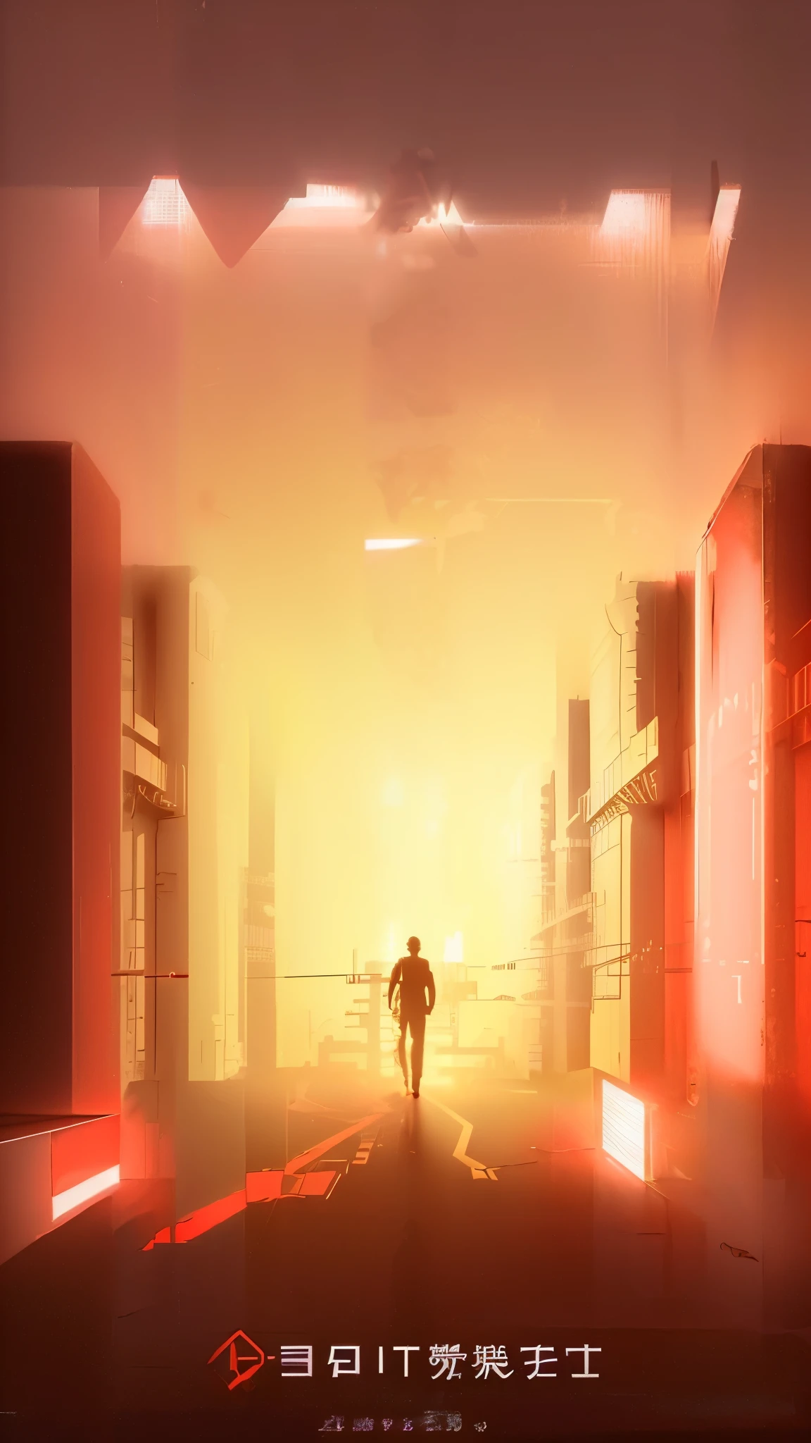 A red glowing one point perspective,There are pens on both sides of the picture,Golden red light in the middle,One-point perspective of the overall middle picture,Flat illustrations