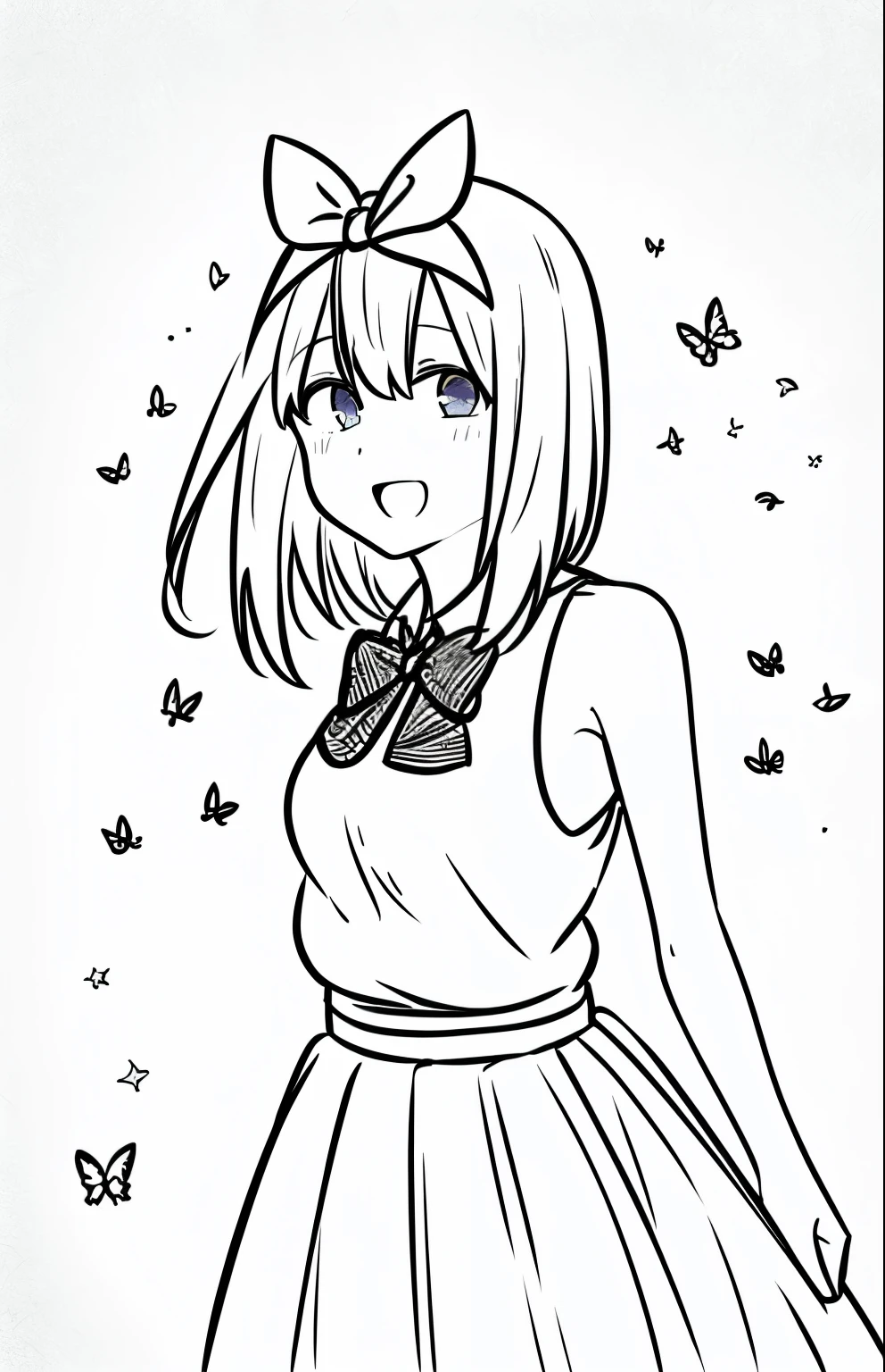 (1 girl), (solo), Wallpapers, poster HD Detail, Moist Watermark, Ultra Detail, Movie, Soft Light, Deep Focus Bokeh, Ray Tracing, --niji 5 Summer, Sketch, Iris: 1.2), butterflies, simple, sfw, pretty age girl with shoulder length hair, a cute face, laughing, aayotsuba, Nakano Yotsuba from The Quintessential Quintuplets, real life Yotsuba Nakano, masterpiece, 4k, ultradetailed, cowboy shot, nakano yotsuba, shoulder length staight hair, sparkling eyes, hair bow ribbon, green bowtie, sleeveless sweater, collared white shirt, pleated skirt, , laughing happily, grey scale