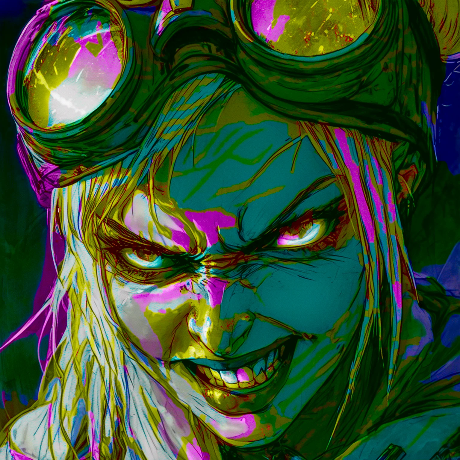 subtle subdued flourishes of warm neon colors, tank girl with snarling smirk, mean expression, light mask uv rays across face, looking over the top of her goggles with a smug grin, thermal iridescence effect, solar flare reflection, arrogant, assured, confident, hand drawn ink, illustrate minimal sketch, charcoal, watercolor, perfect mastercraft nuance, highly detailed complex illustration, american animation art style, surreal, animated hand drawn cartoon rotoscope, (full roygbiv color) ink expressive illustration, no light source, darkness absurd, with rich color grading, cel shading, warm and unified colors, animated, VHS, glitch, distorted, nostalgia, 90's retro vibe, hyper maximal, strange, hyperrealistic, rotoscope expressive ink bold line hand drawn, in a cinematic style, analog tape, vcr aesthetics, tv, television, hand drawn, minimal, precise, splash page decompressed comic cover art, ink style figure, ((expressive Joelle Jones and "Sean Gordon Murphy" comic drawing)), wordless, cinematic poster, ), morphology anatomy drawn Frederic Delavier musculature anatomical illustration, abyss void black no visibility darkness, full length portrait, colors, bleak muted deep fiery radiant glowing ROYGBIV, (background, pine barrens, entropy, rewilding, magic hour sunset, galaxy stars, cosmos), candid, skeleton, piercing eyes), craftsmanship nuance, (Gerardo Zaffino charcoal), (horror, abstract, surreal, body, cosmic), subliminal orchids, nyctophobia, silhouette, double exposure, image within image,