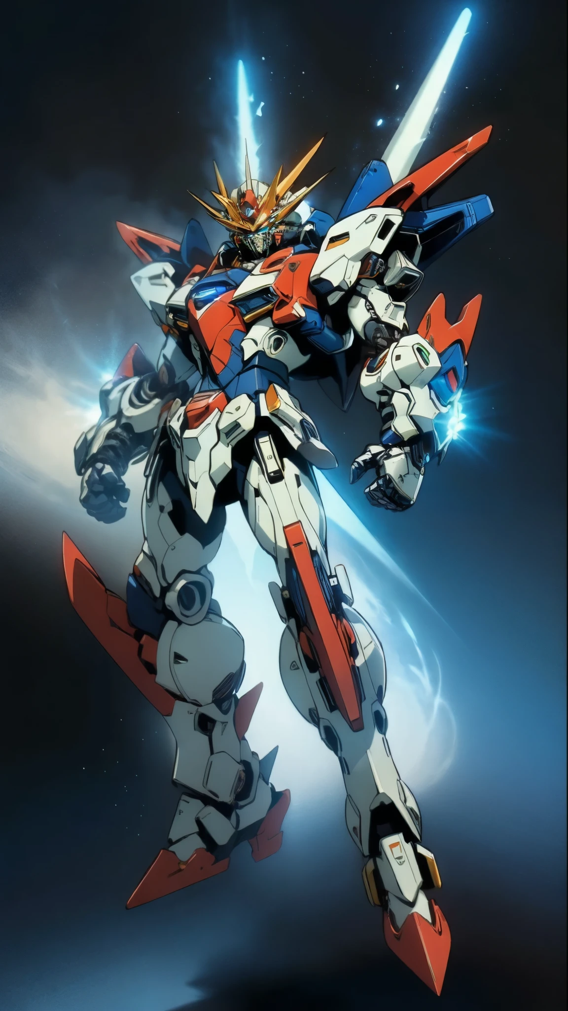 Humanoid Mecha, fully enclosed shoulder guards, matching arm and leg guards, full body, full armor, super robot, the design balances heavy with agility, (the color scheme is primarily white with red and blue accents, the concept Inspired by super robot, Lion concept chest armor, pose, standing, floating high above the futuristic sci-fi city), exquisite and mature art style, (aura effect, energy, glowing eyes, the armor glows), ((SRS)), metallic, dramatic, high definition, best quality, highres, ultra-detailed, ultra-fine painting, extremely delicate, professional, perfect body proportions, anatomically correct, symmetrical face, extremely detailed eyes and face, high quality eyes, creativity, RAW photo, UHD, 32k, Natural light, cinematic lighting, masterpiece-anatomy-perfect, masterpiece:1.5
