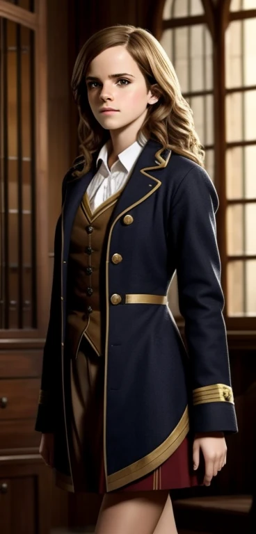 Emma Watson como Hermione Granger usando roupas de estudante da casa Grifinoria