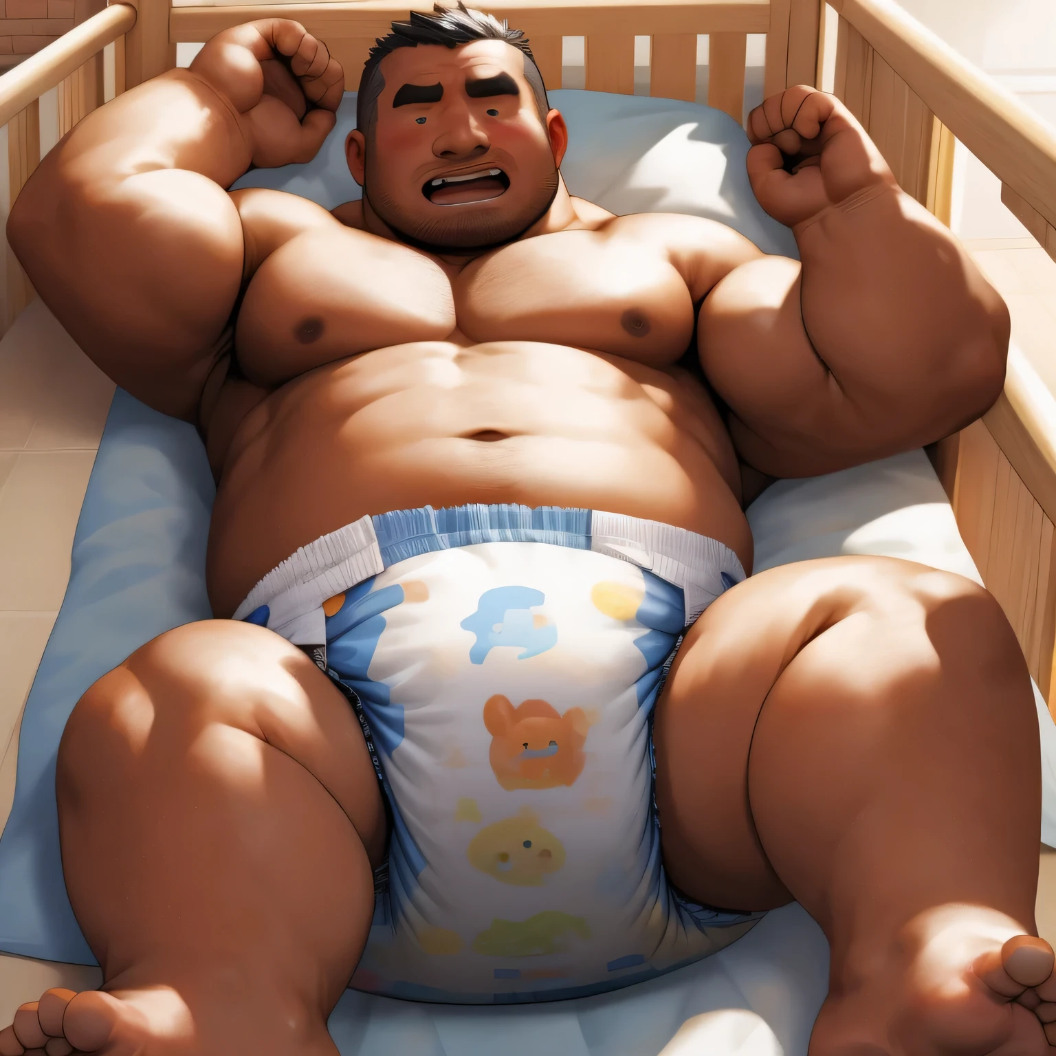 masterpiece, Top quality, in 32K, perfect anatomy, hyper detailed, photo realistic, super fine illustration, The thick man is a brutal prisoner, asian, retarded, human, 50yo in japan, Fatty muscle, (fatness:1.2), Bowleg, disappointment, incontinent, be diaper check by children, There is a small puddle under him, Naked, short legs, Bowleg, spread and lifting legs, wear a White cloth Diaper, White Diaper without pattern, Pampers, Bare belly, Bare legs, Bare foots, Bare soles, Shirtless, wide forehead and short thinning hair, round face with stubble, Bare foots, Bare soles, shy, sobbing, weak, sissy, Round face, He enters nursery school and is despised by children, He is taken care of by the children at the nursery school, He surrounded by children in playpen, Bare foots, big butt, White Diaper, sobbing, There is a small puddle under him, sobbing, He is lying in baby crib in nursery,  top view, open diaper, Diaper change