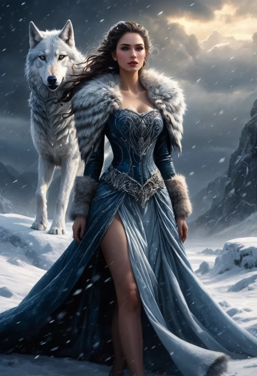 un primer plano de una mujer con un vestido y un lobo, reina del hielo y la tormenta, pelaje blanco y piel oscura, loba antropomorfa hembra, diosa del invierno, reina del invierno, fantasy art style, diosa del amor femenina de piel oscura, epic fantasy art style, Arte detallado de alta calidad 8k, Usando una intrincada armadura de piel, epic fantasy art style hd