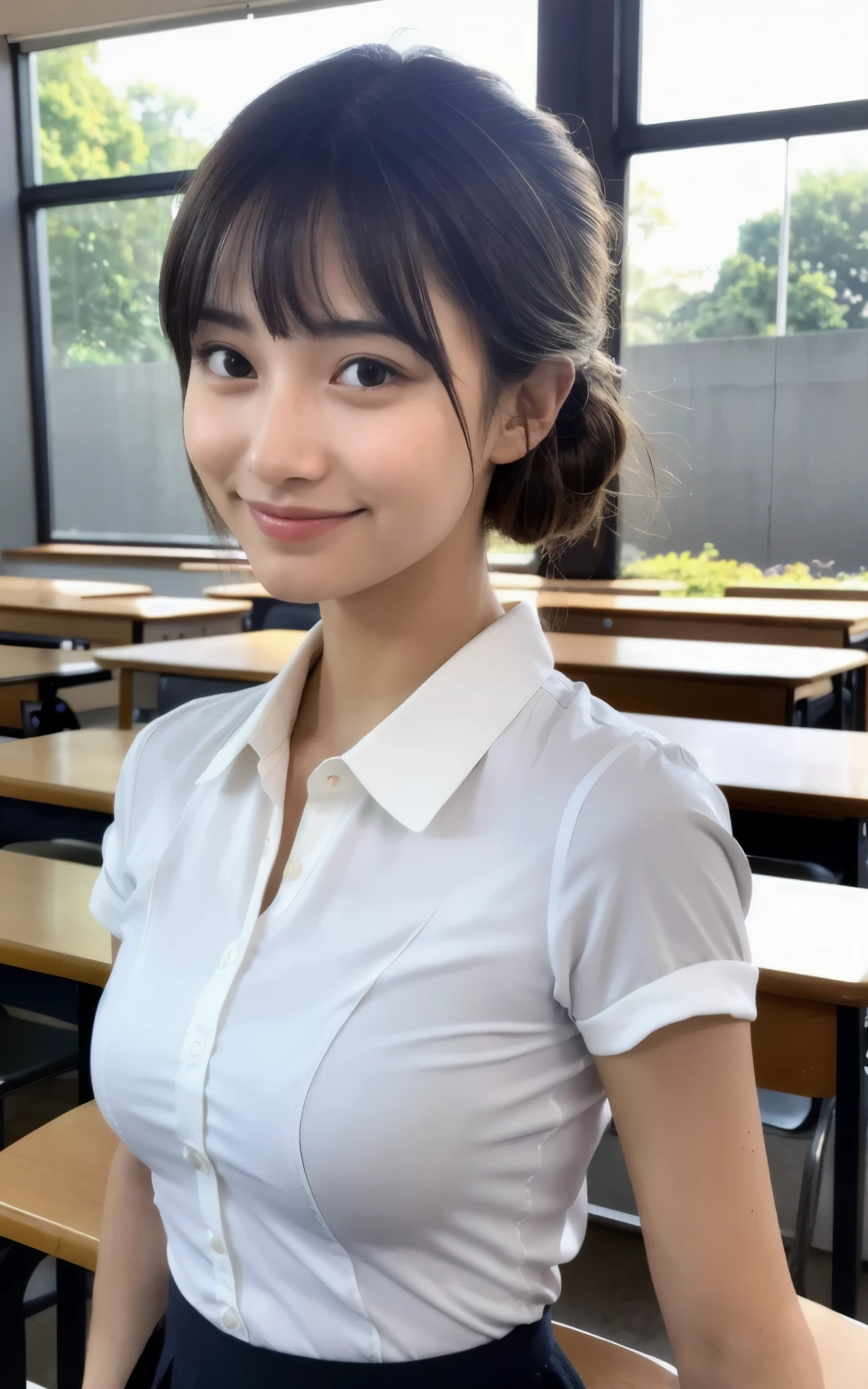 8k, RAW photos, top quality, masterpiece: 1.2), ultra detailed, super resolution, (real, real photos: 1.37), portraits, high-definition RAW color photos, professional photos, very detailed and beautiful, very detailed, 8k wallpapers, amazing details, huge file size, official art, highly detailed CG Unity 8k wallpapers, highly detailed beautiful girls, highly detailed faces, Highly detailed eyes, very detailed skin, highly detailed fingers, very detailed nose, highly detailed detailed mouth, perfect anatomy, highly detailed background, very detailed clothing, one girl, cute girl, famous Japan idol, cute, realistic body, , white skin, radiant skin, slim body, (blunt bangs: 1.2), smile, cute, youthful, cute face, realistic face, delicate eyes, sagging eyes, camera gaze, contrappost, high street, public, crowd, dynamic lighting, very big breasts, high school, classroom, teacher, medium brown shorthair, (((viewer view: 1.1)), laughing, window, blackboard, desk, holding (standing in classroom)))), suit, gray skirt, (simple white blouse), upper body up, attendance book, half updo,