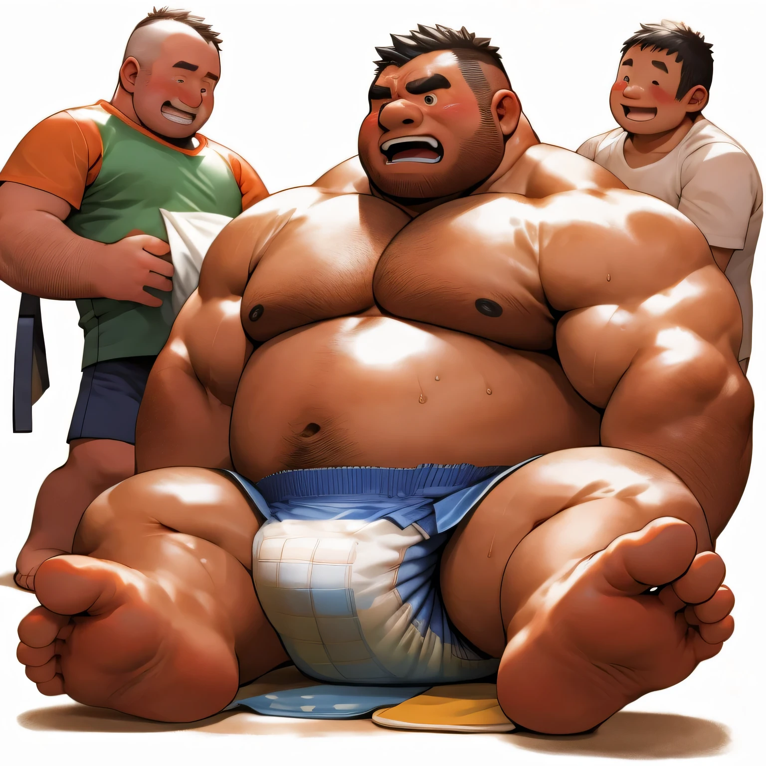 masterpiece, Top quality, in 32K, perfect anatomy, hyper detailed, super fine illustration, The thick man is a brutal prisoner, retarded, hairy human, 50yo in Japan, (fatness: 1.0), Fatty muscle, Bowleg, disappointment, incontinent, be diaper check by children, waddle, There is a small puddle under him, incontinent, Naked, short legs, Bowleg, spread legs, wear a White cloth Diaper, Bare belly, Bare legs, Bare foots, Bare soles, Shirtless, wide forehead and short thinning hair, Man with round face with stubble, Bare foots, Bare soles, shy, sissy, Weaker than children, Drool, Round face, steams, Solo, He enters nursery school and is despised by children, He surrounded by children, His bottom is wet, Bare foots, big butt, he is scolded by the children, White Diaper, He surrounded by children, sobbing, wear a White cloth Diaper, shirtless, There is a small puddle under him, He enters nursery school and is despised by children, big butt, sobbing, He crawling to go to children, on all fours, side view