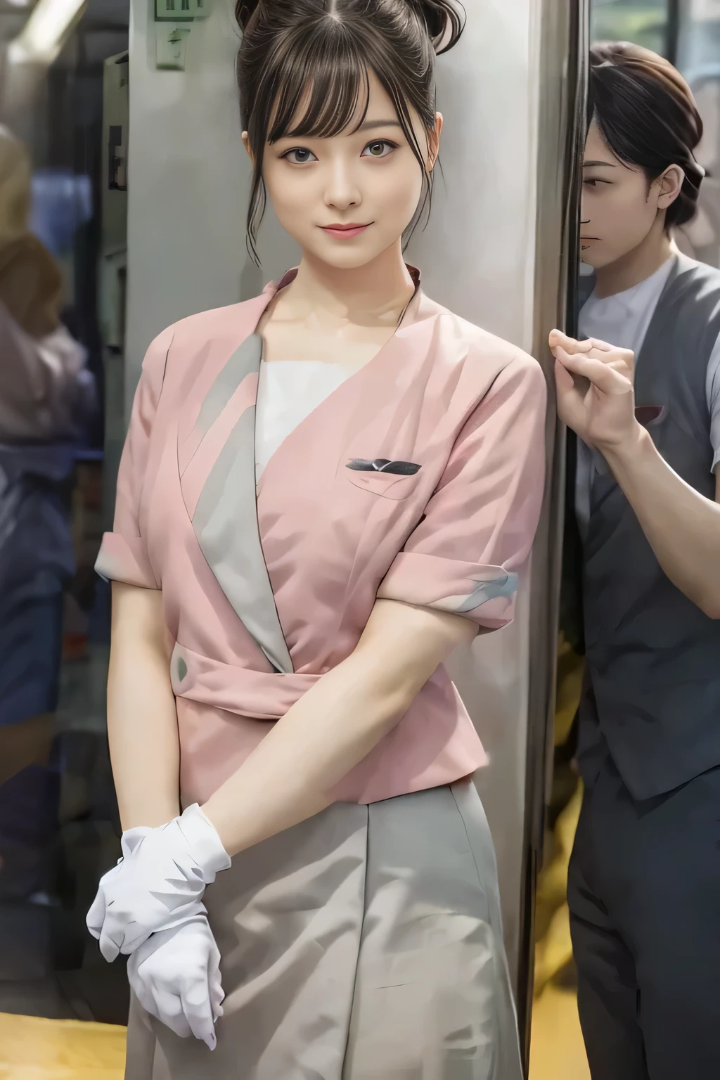 (masterpiece:1.2, highest quality:1.2), 32K HDR, High resolution, (alone、1 girl)、（On the rooftop of a building in the daytime、Professional Lighting）、Building rooftop background、（Nankai train crew uniform pinkを着たリアルスタイル）、（Nankai train crew uniform pink short sleeve pink jacket、Nankai Train Crew Uniform Pink Collarless Short Sleeve Blouse、Nankai Train crew uniform pinkのグレー色のキュロットスカート）、Dark brown hair、（Hair tied up、Hair Bun、Hair Bun）、Dark brown hair、Long Shot、Big Breasts、Thin legs、（（Great hands：2.0）），（（Harmonious body proportions：1.5）），（（Normal limbs：2.0）），（（Normal finger：2.0）），（（Delicate eyes：2.0）），（（Normal eyes：2.0））)、（Nankai Train crew uniform pinkのグレー色のキュロットスカートを見せた美しい立ち姿）、smile、Put your hands down、I have nothing in my hands