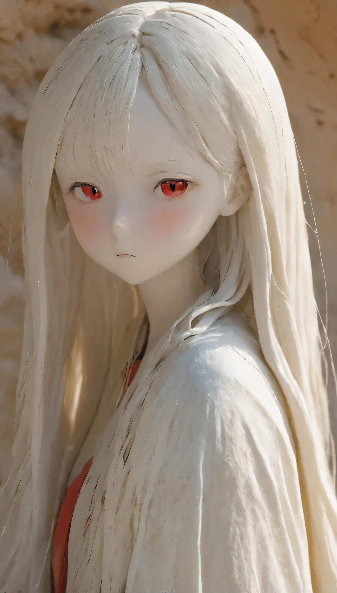 clay, Pottery, Thin fabric, Confused, dirty, mineral pigments, 3D clay sculpture art, clay sculpture, Rough surface,One Girl, alone, board member, White Hair, Red eyes, Long Hair, Blunt bangs, Natural light,(highest quality:1.2),ultra-light clay, woman, womanの身体,Long Hair, Gentle expression, close your eyes