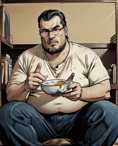 ((HD photo)), Hyper realistic, hires:1.4, 8k, a fat man / Steven seagal / 40 years old, sitting, holding ramen bowl, badly fitting t shirt, overweight messy hair, nerd glasses, leering, greasy, stained jeans, dark bedroom, posters, game console, pc, dakimura, poorly lit, incel, anime nerd, neckbeard, dirty walls,