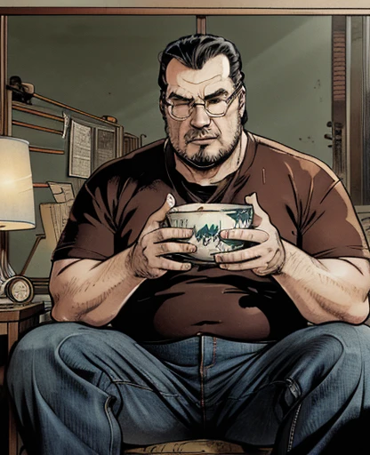 ((HD photo)), Hyper realistic, hires:1.4, 8k, a fat man / Steven seagal / 40 years old, sitting, holding ramen bowl, badly fitting t shirt, overweight messy hair, nerd glasses, leering, greasy, stained jeans, dark bedroom, posters, game console, pc, dakimura, poorly lit, incel, anime nerd, neckbeard, dirty walls,